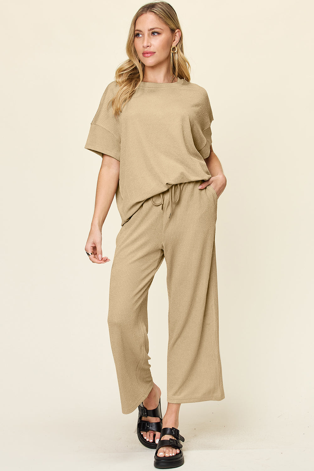 Blue Zone Planet | Double Take Full Size Texture Round Neck Short Sleeve T-Shirt and Wide Leg Pants-TOPS / DRESSES-[Adult]-[Female]-Khaki-S-2022 Online Blue Zone Planet