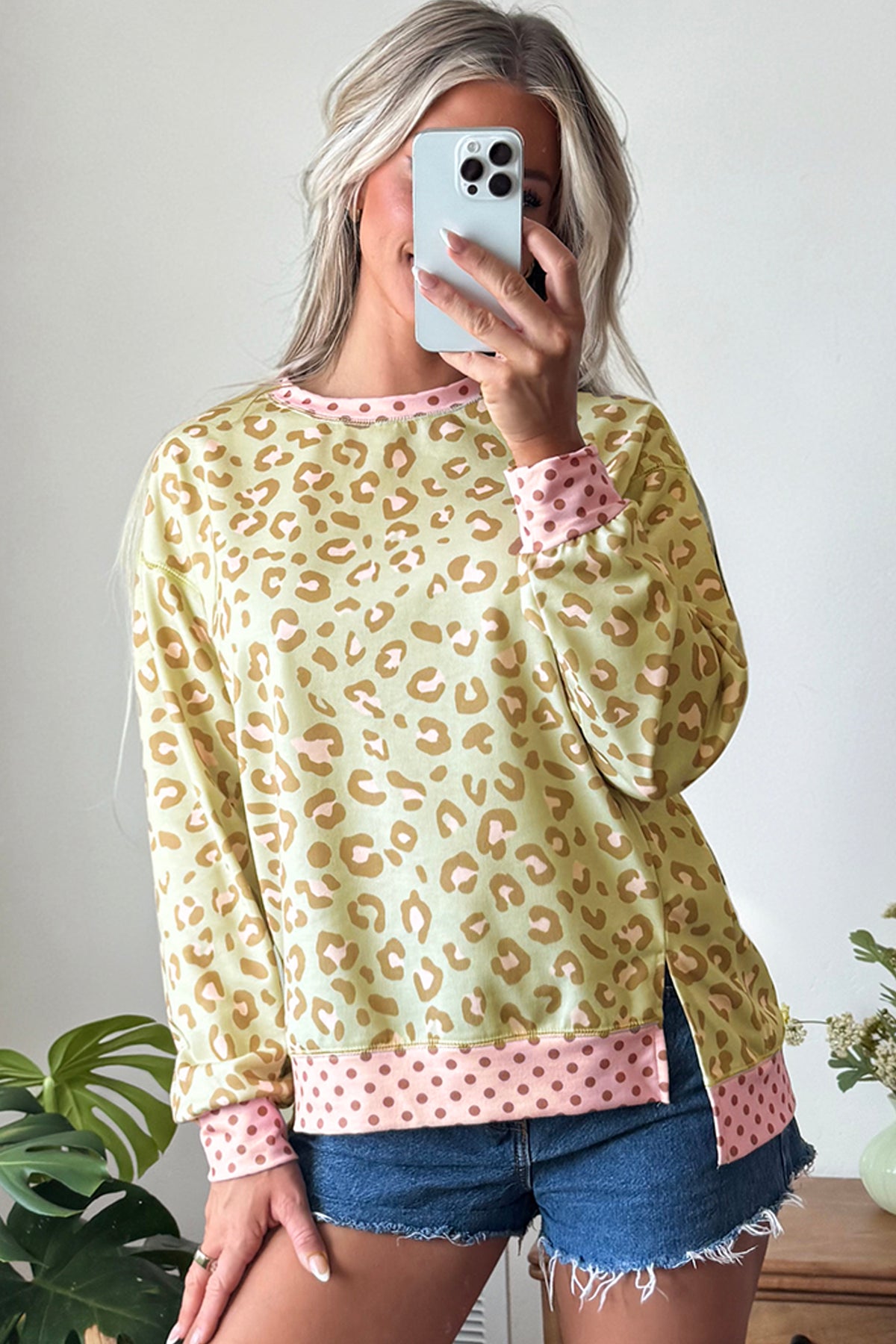 Pink Leopard Polka Dot Colorblock Trim Long Sleeve Top-Tops/Long Sleeve Tops-[Adult]-[Female]-2022 Online Blue Zone Planet