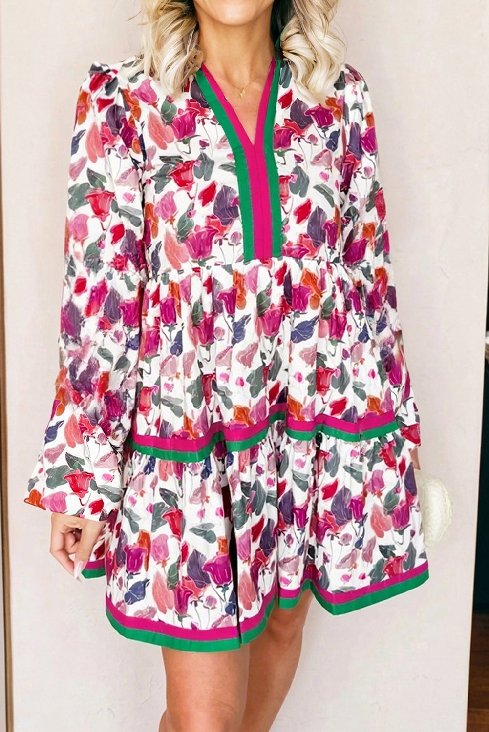 Purple Floral Print Contrast Striped Detail Long Sleeve Mini Dress-TOPS / DRESSES-[Adult]-[Female]-2022 Online Blue Zone Planet