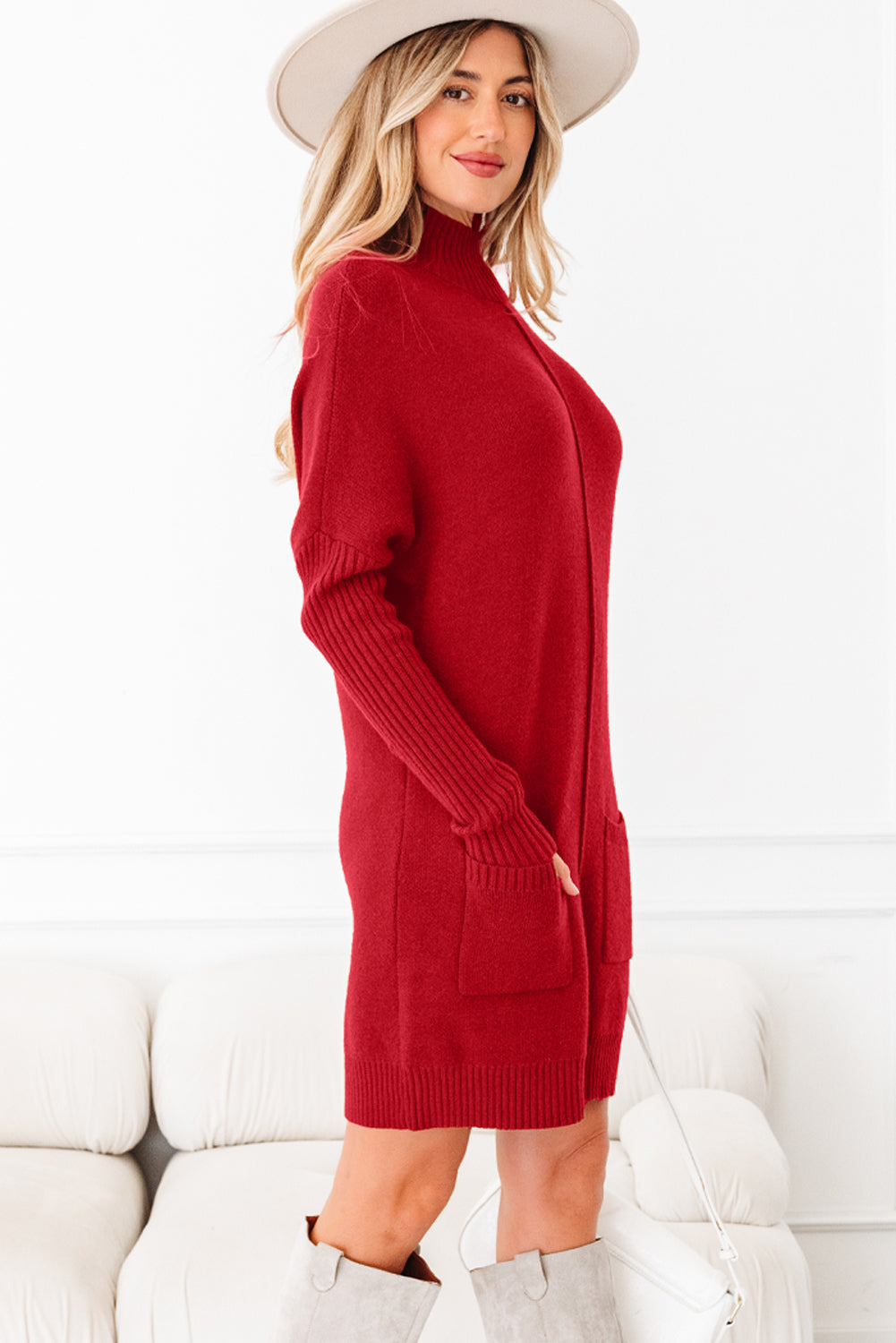 Fiery Red Ribbed High Neck Front Pockets Center Seam Shift Sweater Dress-TOPS / DRESSES-[Adult]-[Female]-2022 Online Blue Zone Planet