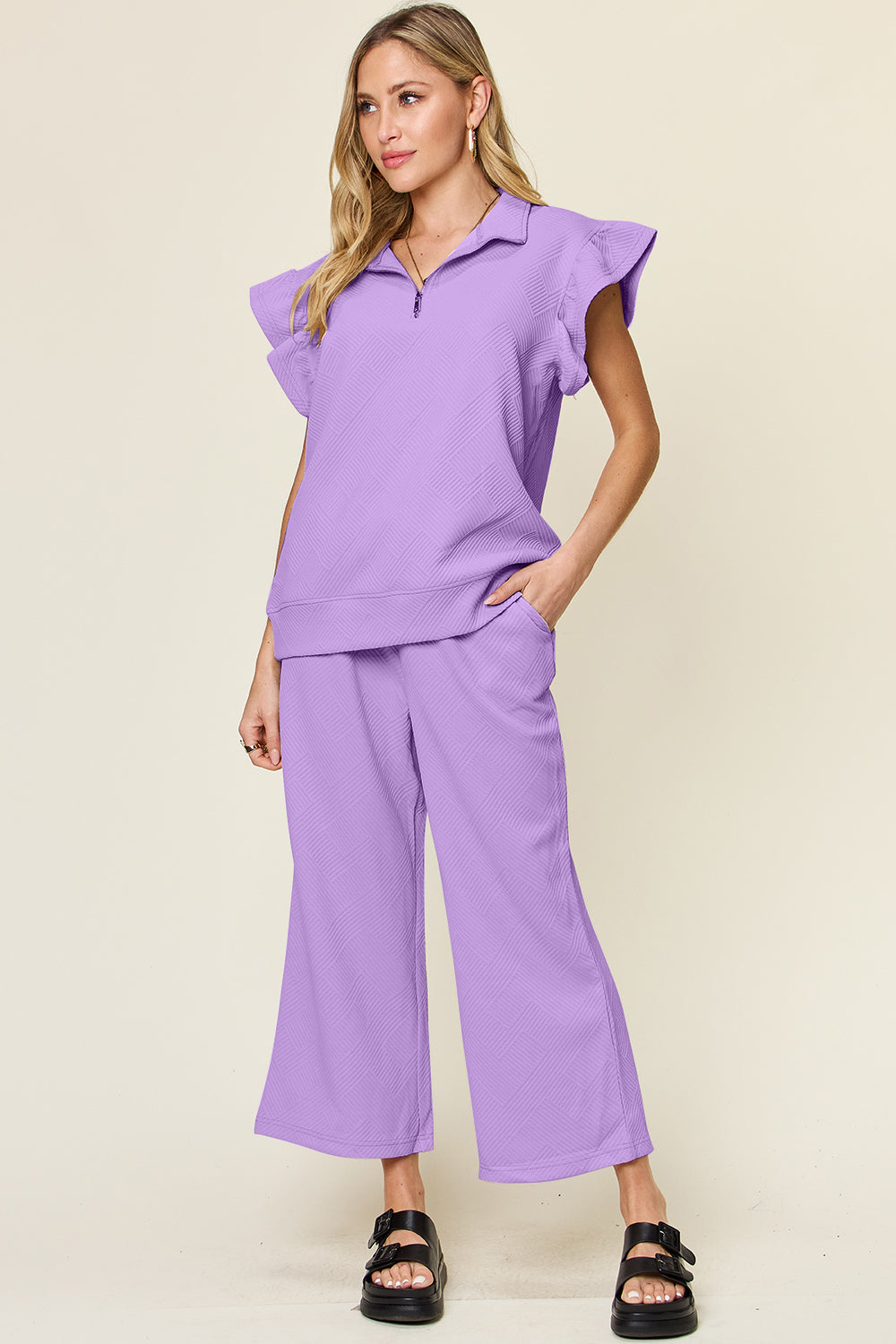 Blue Zone Planet | Double Take Texture Ruffle Short Sleeve Top and Drawstring Wide Leg Pants Set-TOPS / DRESSES-[Adult]-[Female]-Lavender-S-2022 Online Blue Zone Planet