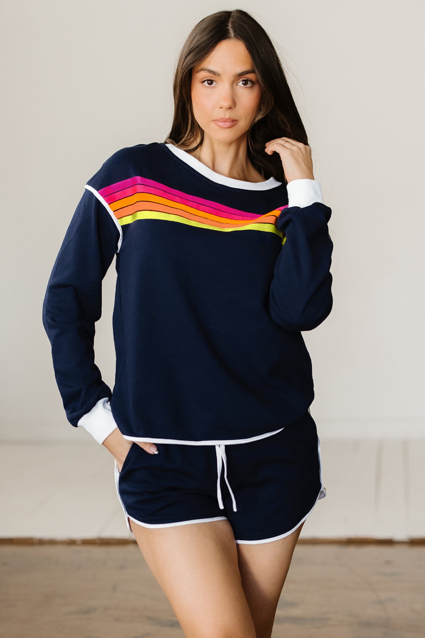 Bluing Colorful Striped Accent Varsity Long Sleeve Pullover and Shorts Matching Set-Two Piece Sets/Short Sets-[Adult]-[Female]-2022 Online Blue Zone Planet