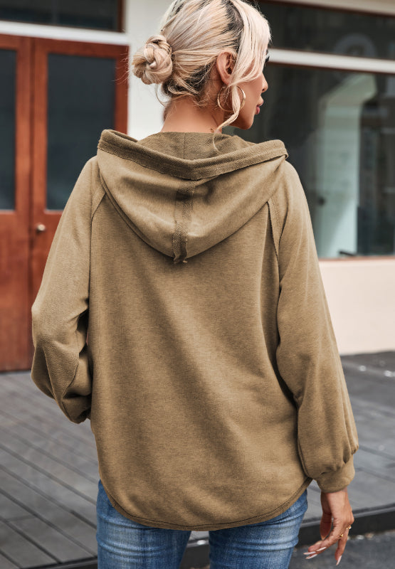 Waffled Knit Exposed Seam Drawstring Hoodie-TOPS / DRESSES-[Adult]-[Female]-2022 Online Blue Zone Planet