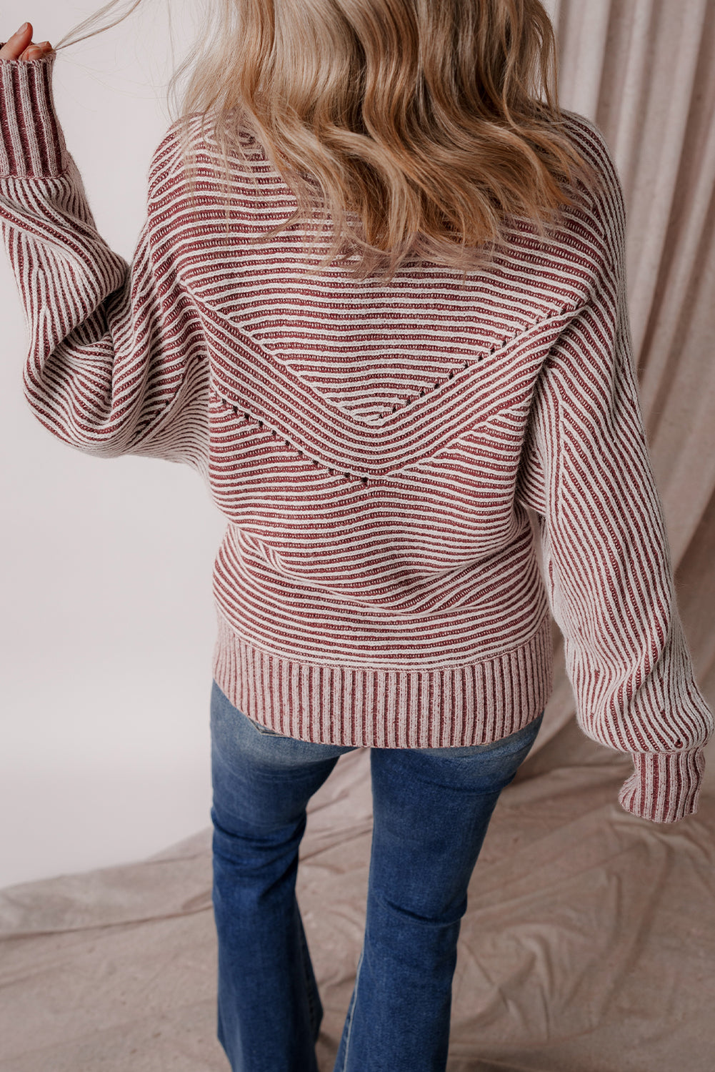 Red Dahlia Striped Print Ribbed Knit Boat Neck Baggy Sweater-TOPS / DRESSES-[Adult]-[Female]-2022 Online Blue Zone Planet