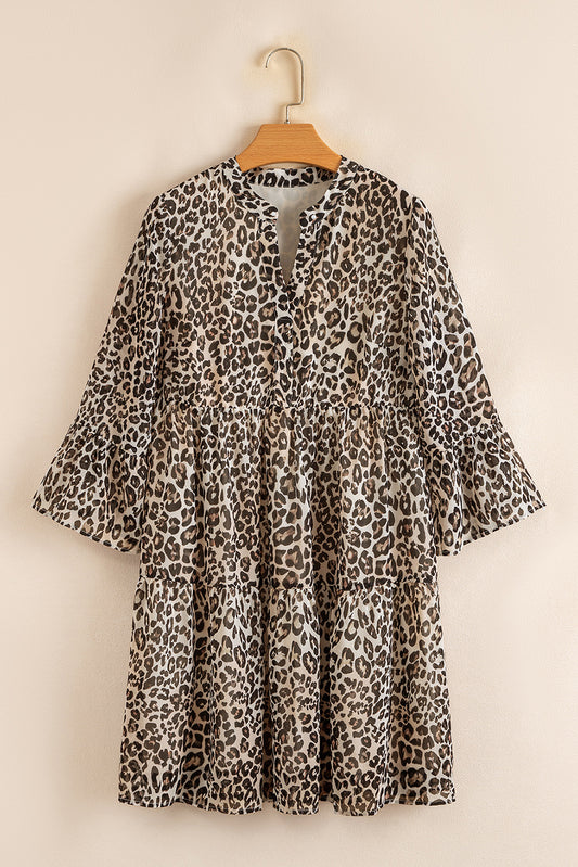 Khaki Leopard 3/4 Sleeve V Neck Swing Dress-TOPS / DRESSES-[Adult]-[Female]-2022 Online Blue Zone Planet