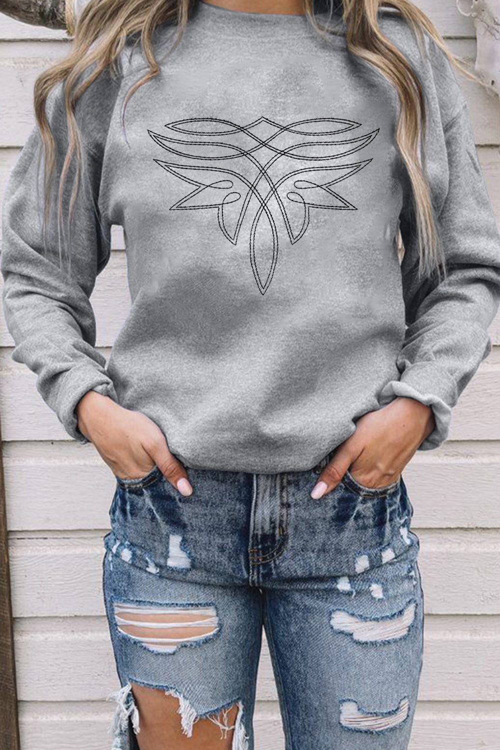Gray Western Pattern Embroidered Drop Shoulder Pullover Top-Graphic/Graphic Sweatshirts-[Adult]-[Female]-2022 Online Blue Zone Planet
