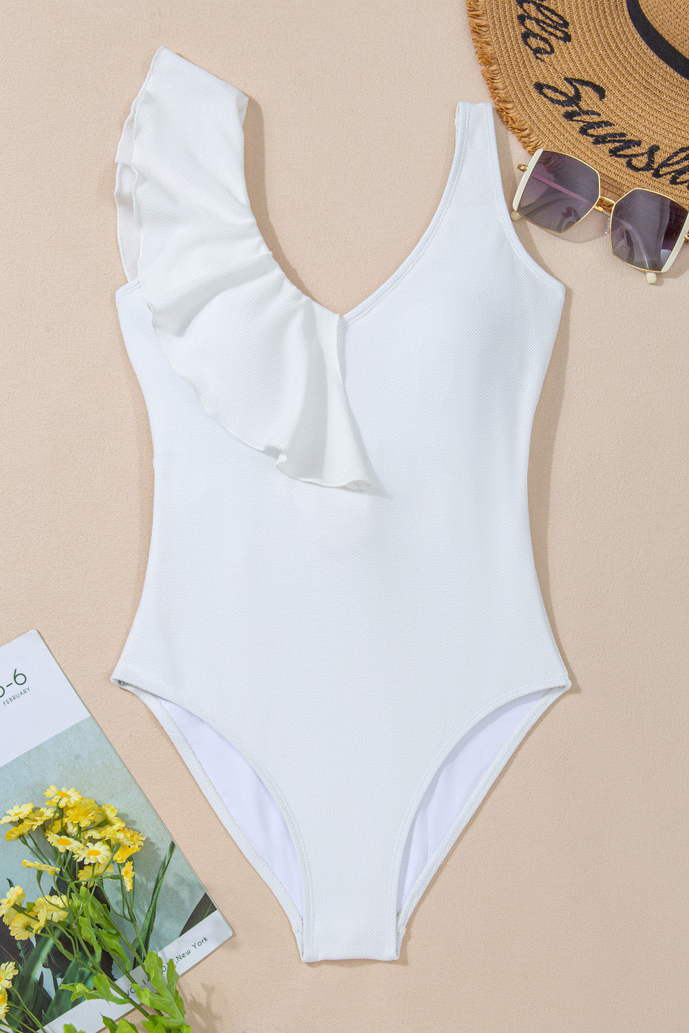 White Asymmetric Ruffle Trim Tie Waist One Piece Swimsuit-Swimwear/One Piece Swimsuit-[Adult]-[Female]-2022 Online Blue Zone Planet