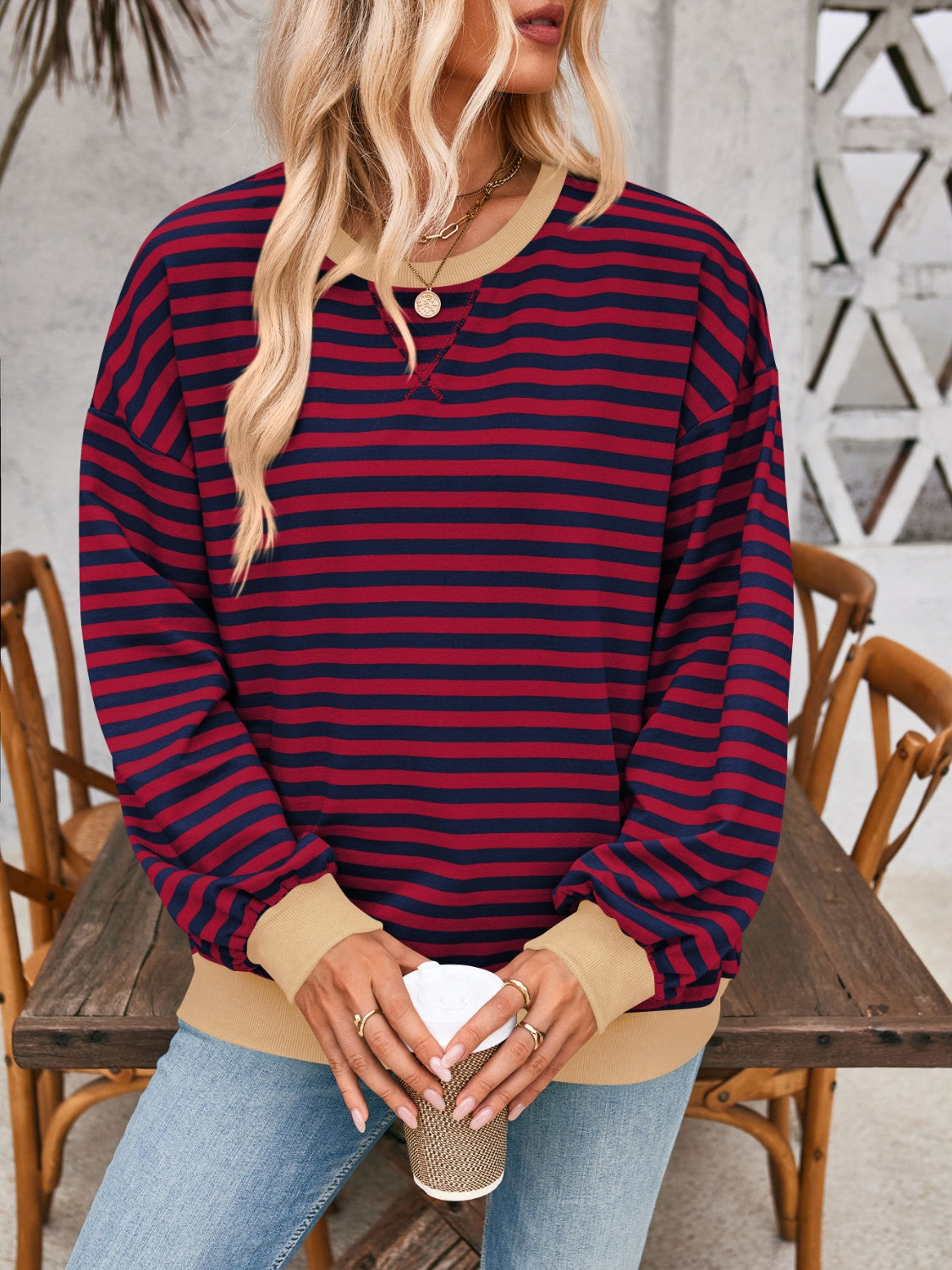 Blue Zone Planet | Lovelet Contrast Striped Long Sleeve Sweatshirt-TOPS / DRESSES-[Adult]-[Female]-2022 Online Blue Zone Planet