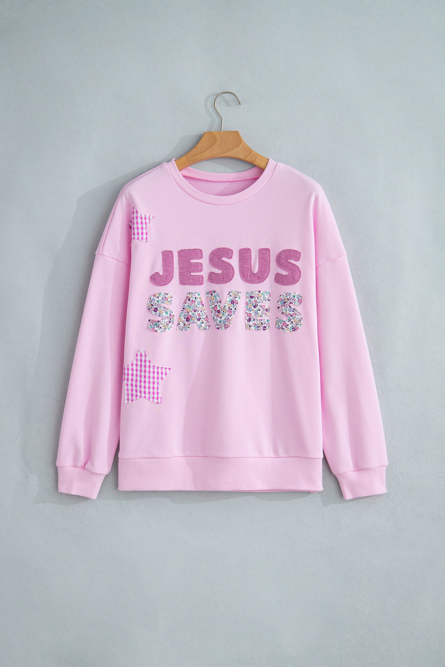 Pink Patchwork Stars Plaid Unique Floral Letters Baggy Sweatshirt-Tops/Sweatshirts & Hoodies-[Adult]-[Female]-2022 Online Blue Zone Planet