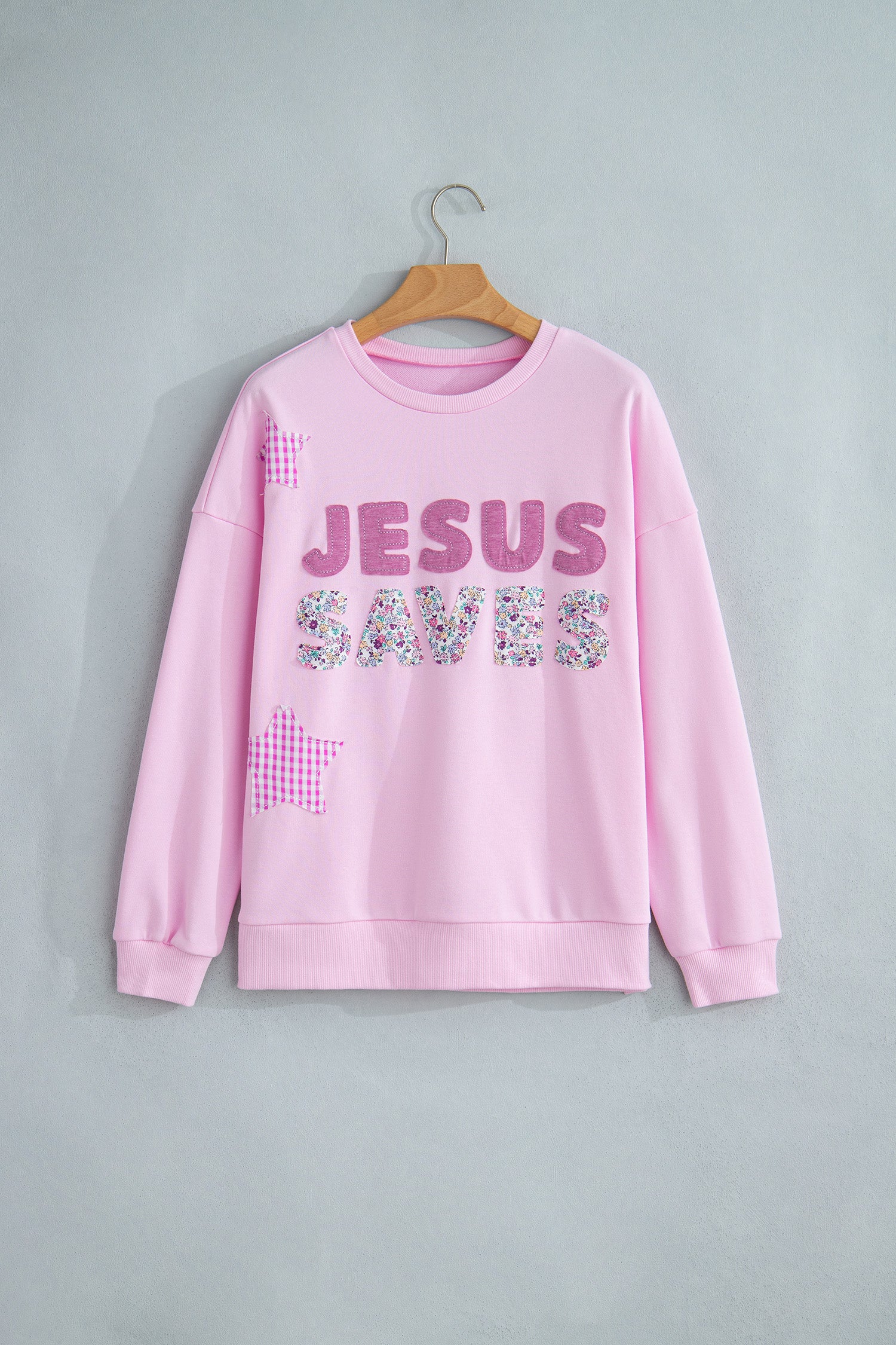 Pink Patchwork Stars Plaid Unique Floral Letters Baggy Sweatshirt-Tops/Sweatshirts & Hoodies-[Adult]-[Female]-2022 Online Blue Zone Planet