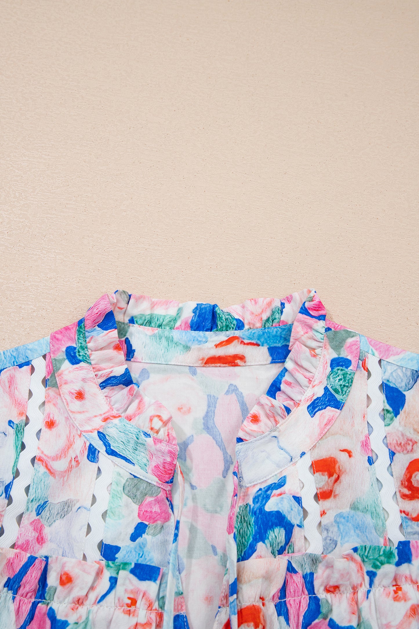 Pink Floral Print Tie V Neck Contrast Detail Ruffle Short Sleeve Blouse-Tops/Blouses & Shirts-[Adult]-[Female]-2022 Online Blue Zone Planet
