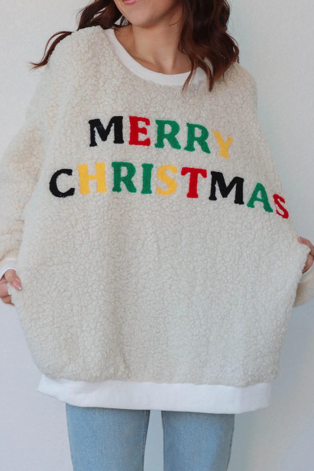 White MERRY CHRISTMAS Multicolor Embroidered Sherpa Pullover Sweatshirt-Tops/Sweatshirts & Hoodies-[Adult]-[Female]-2022 Online Blue Zone Planet