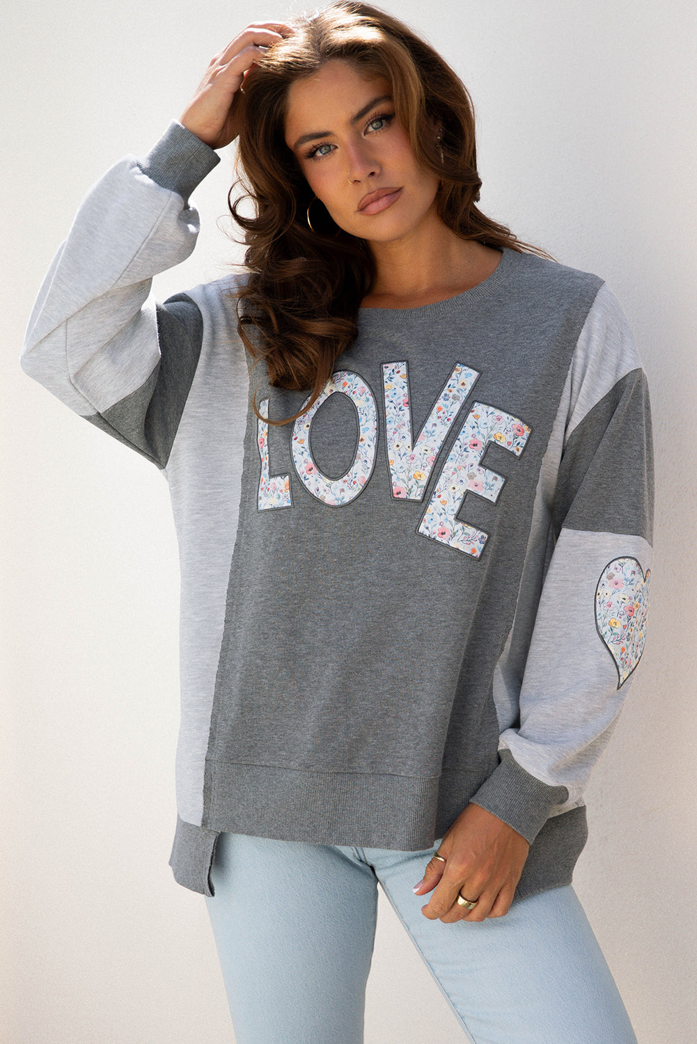Dark Grey Love Graphic Exposed Seam Patchwork Uneven Hem Chic Sweatshirt-Tops/Sweatshirts & Hoodies-[Adult]-[Female]-2022 Online Blue Zone Planet