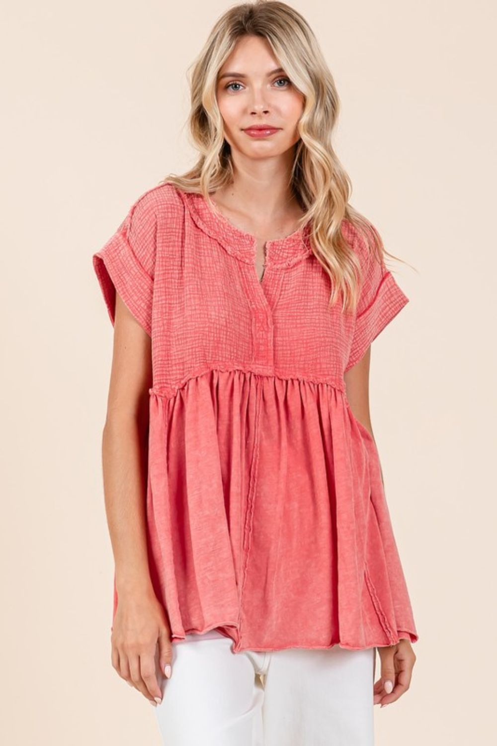 Mittoshop Mixed Media Mineral Wash Babydoll Short Sleeve Blouse-TOPS / DRESSES-[Adult]-[Female]-2022 Online Blue Zone Planet