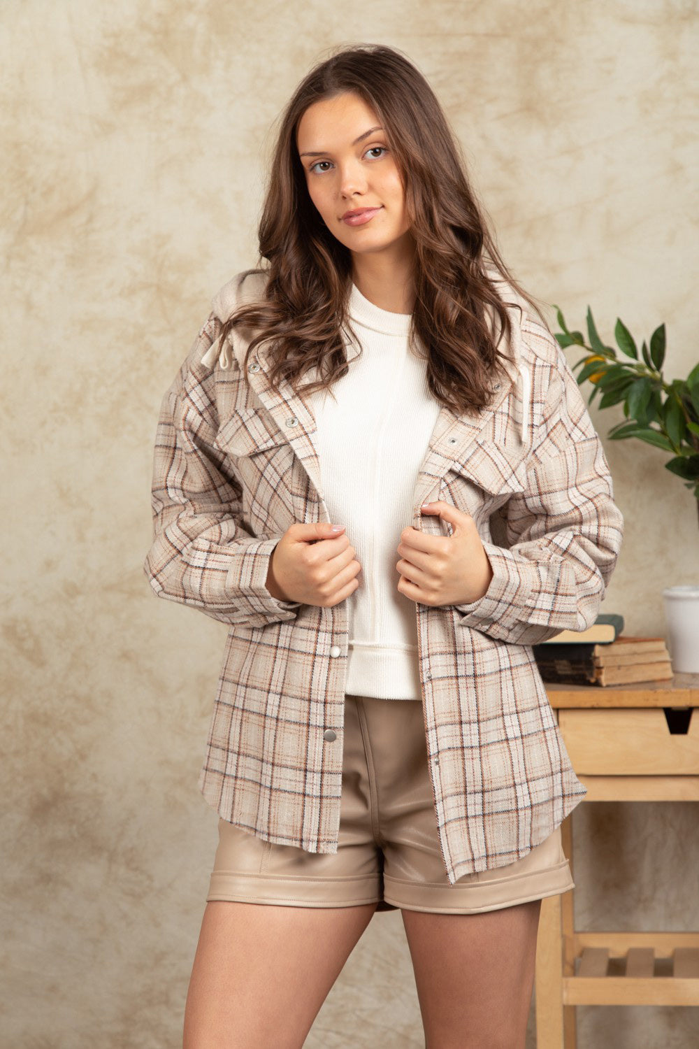 Drawstring Plaid Long Sleeve Hooded Jacket-TOPS / DRESSES-[Adult]-[Female]-Dust Storm-S-2022 Online Blue Zone Planet