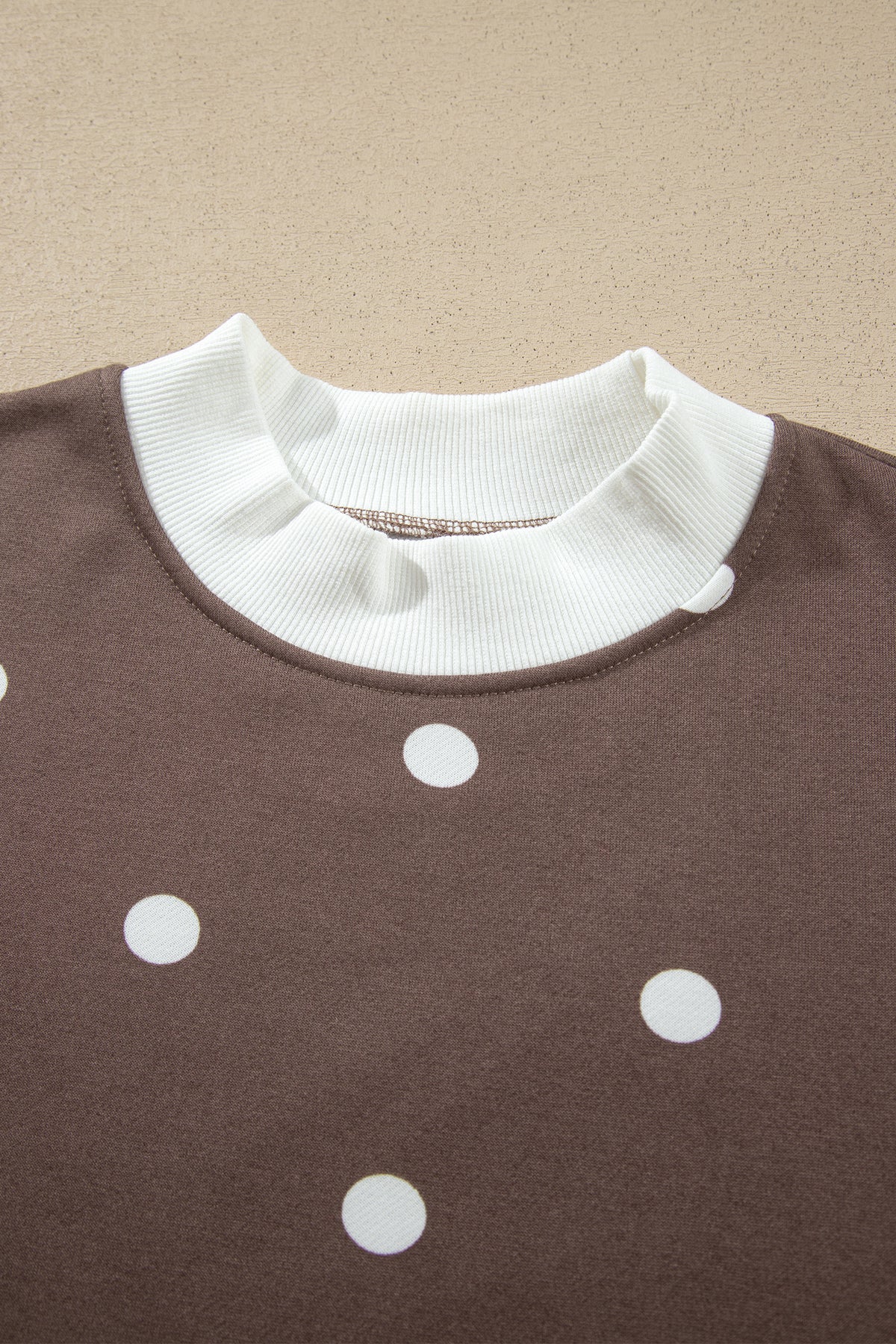 Brown Polka Dot Ribbed Trim Long Sleeve Top Casual Short Set-Two Piece Sets/Short Sets-[Adult]-[Female]-2022 Online Blue Zone Planet