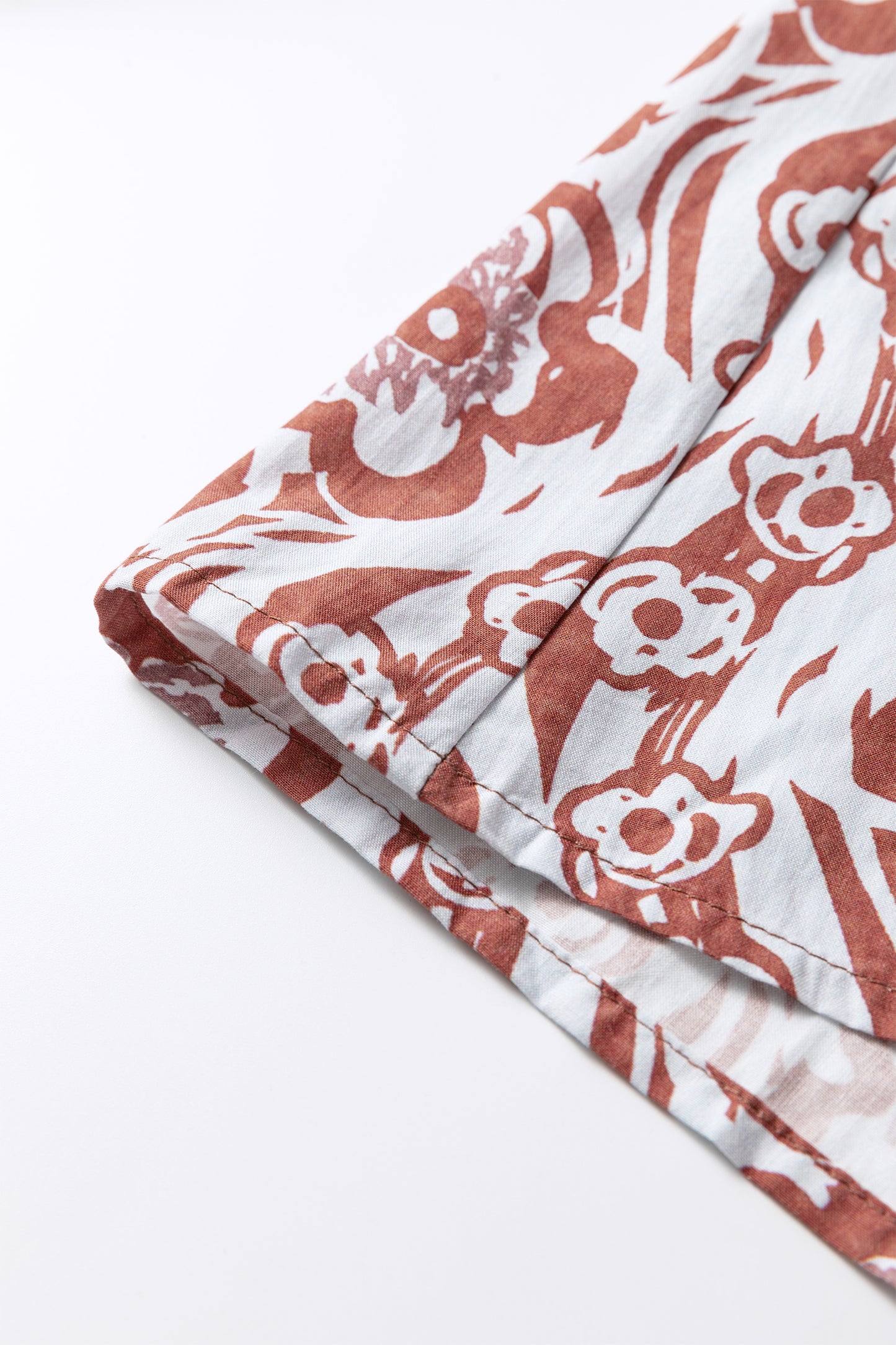 Floral Print Frilled Striped Trim Button Down Smocked Cuffs Long Sleeve Shirt-Tops/Blouses & Shirts-[Adult]-[Female]-2022 Online Blue Zone Planet