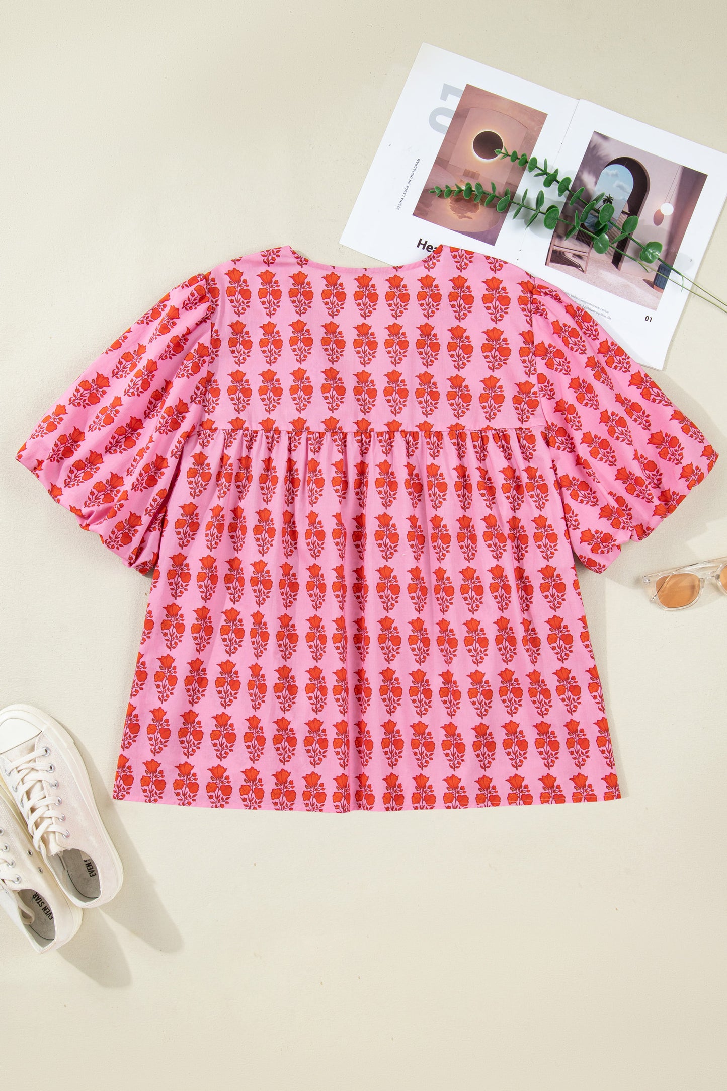 Pink Plus Size Floral Print Tassel Tie Puff Sleeve Cotton Blouse-Plus Size/Plus Size Tops/Plus Size Blouses & Shirts-[Adult]-[Female]-2022 Online Blue Zone Planet