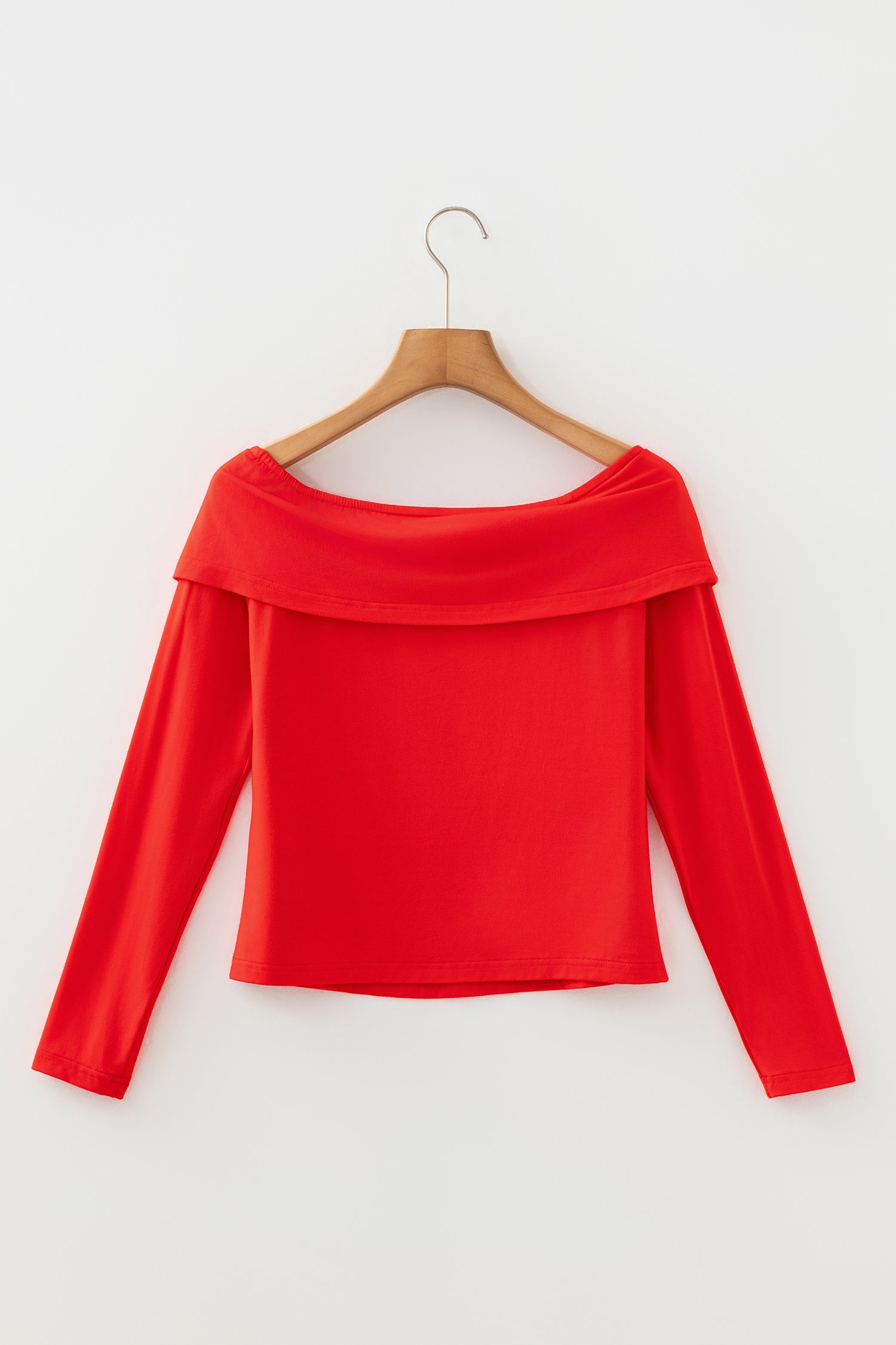 Fiery Red Foldover Off Shoulder Long Sleeve Slim Top-Tops/Long Sleeve Tops-[Adult]-[Female]-2022 Online Blue Zone Planet