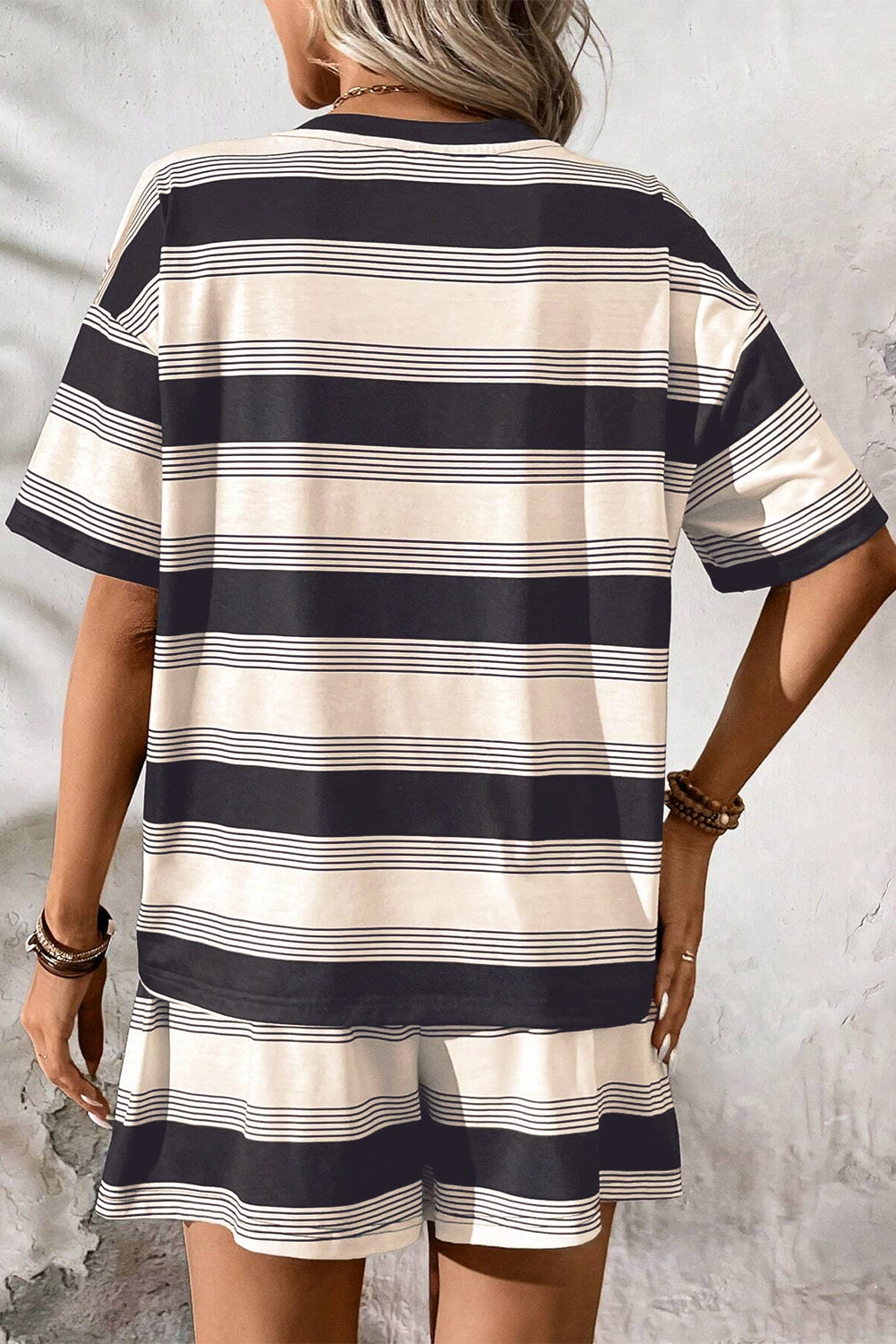 Black Stripe Short Sleeve T Shirt and High Waist Pocketed Shorts Set-Two Piece Sets/Short Sets-[Adult]-[Female]-2022 Online Blue Zone Planet