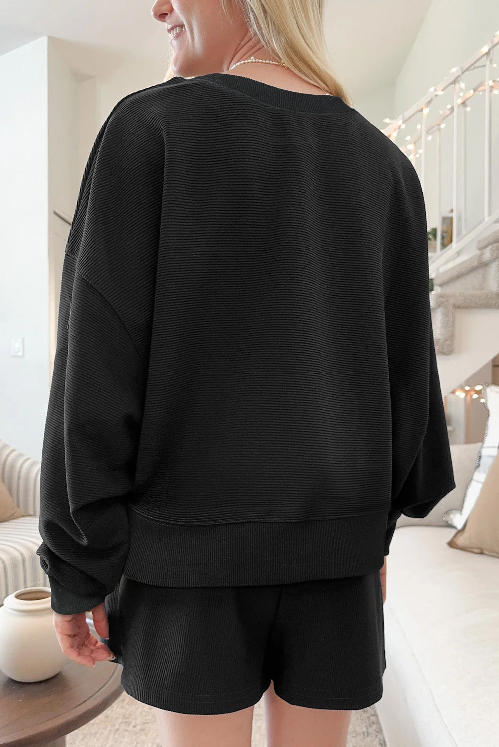 Black Ribbed Texture Baggy Drop Shoulder Pullover and Shorts Set-Two Piece Sets/Short Sets-[Adult]-[Female]-2022 Online Blue Zone Planet