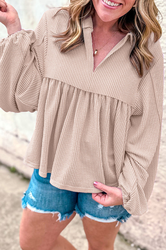 Parchment Corded Turn-down V Neck Bubble Sleeve Babydoll Blouse-Tops/Blouses & Shirts-[Adult]-[Female]-Parchment-S-2022 Online Blue Zone Planet