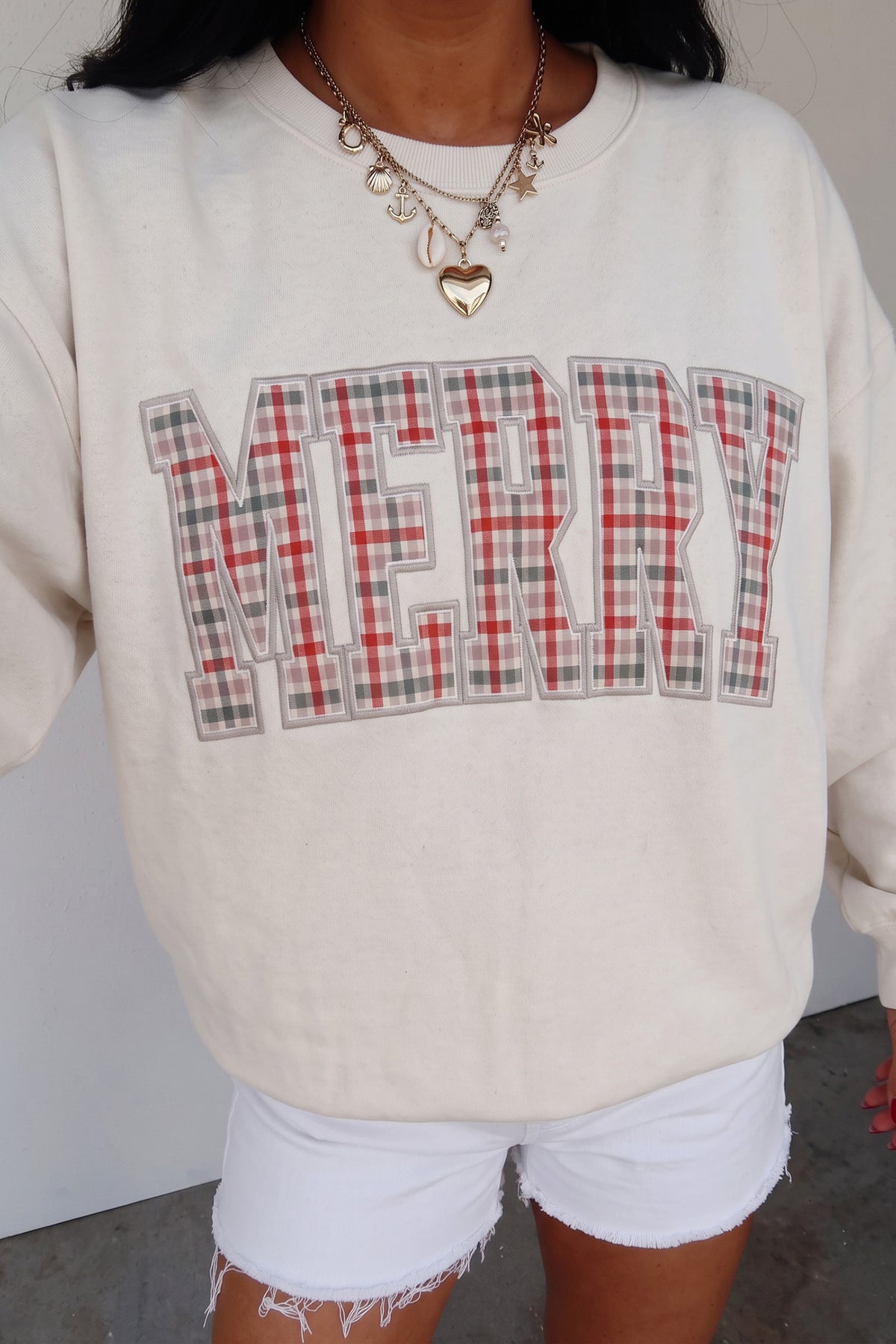 White Embroidered Plaid MERRY Sweatshirt-Tops/Sweatshirts & Hoodies-[Adult]-[Female]-2022 Online Blue Zone Planet