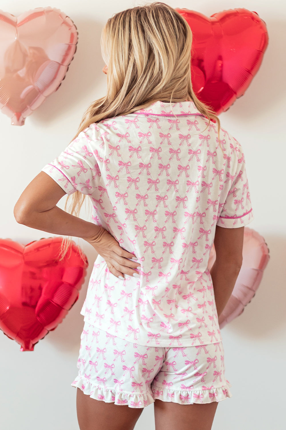 Blue Zone Planet | Pink Bowknot Printed Short Sleeve and Ruffled Shorts Valentines Pajama Set-Loungewear & Sleepwear/Sleepwear-[Adult]-[Female]-2022 Online Blue Zone Planet