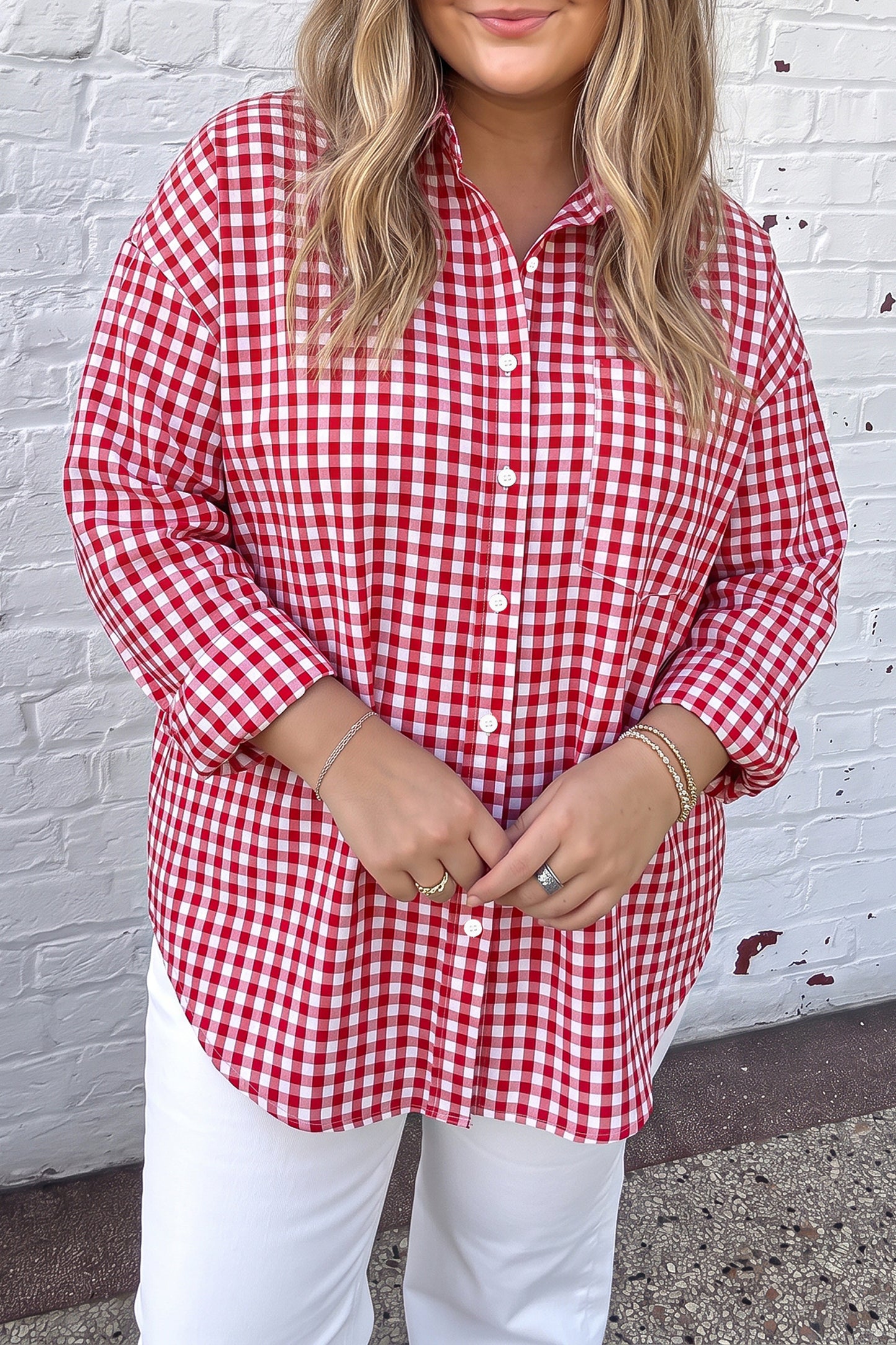 Red Plaid V Neck Long Sleeve Tunic Loose Fit Plus Size Shirt-Plus Size/Plus Size Tops/Plus Size Blouses & Shirts-[Adult]-[Female]-2022 Online Blue Zone Planet