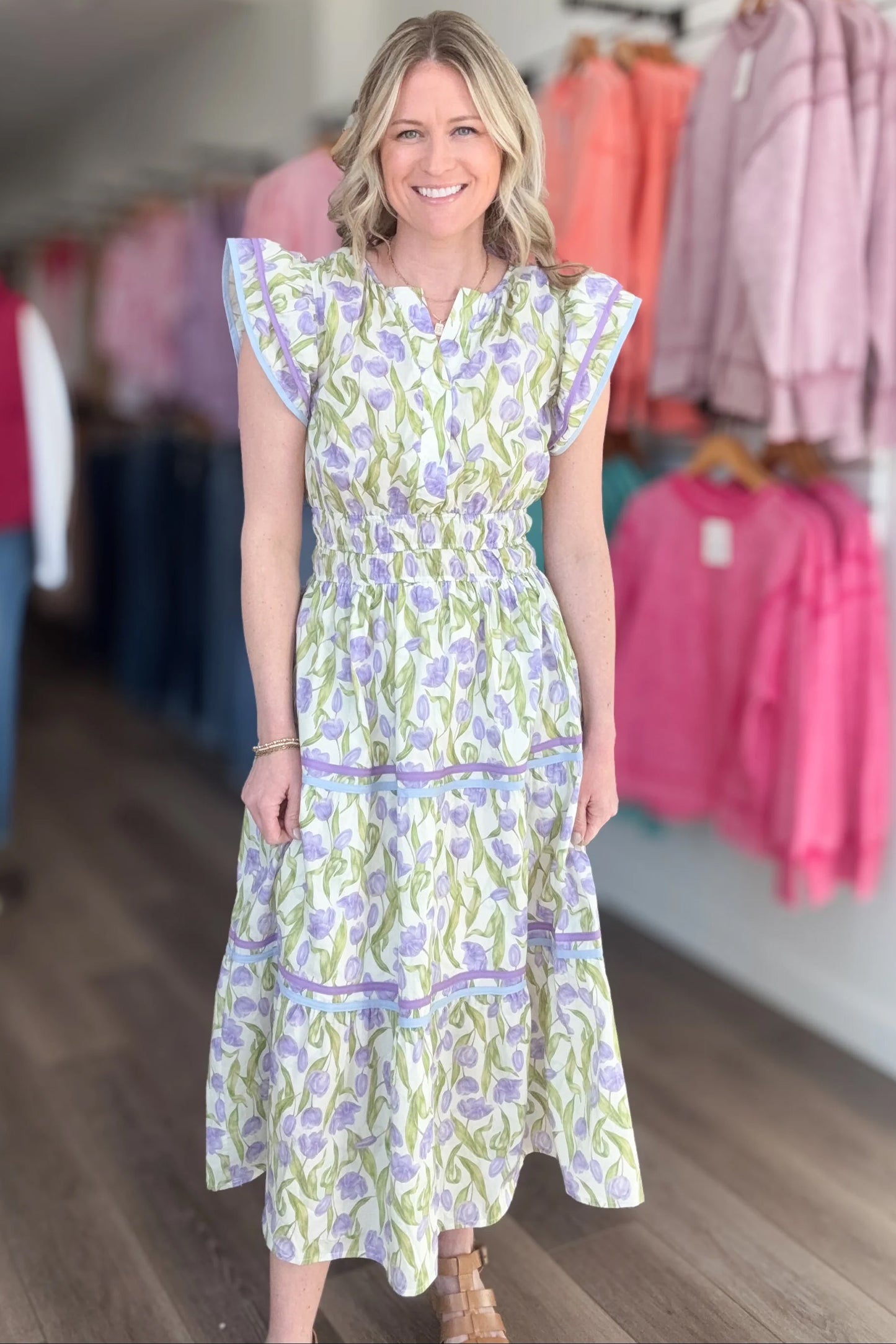 Purple Tulip Floral Print Contrast Trim Midi Dress-TOPS / DRESSES-[Adult]-[Female]-2022 Online Blue Zone Planet