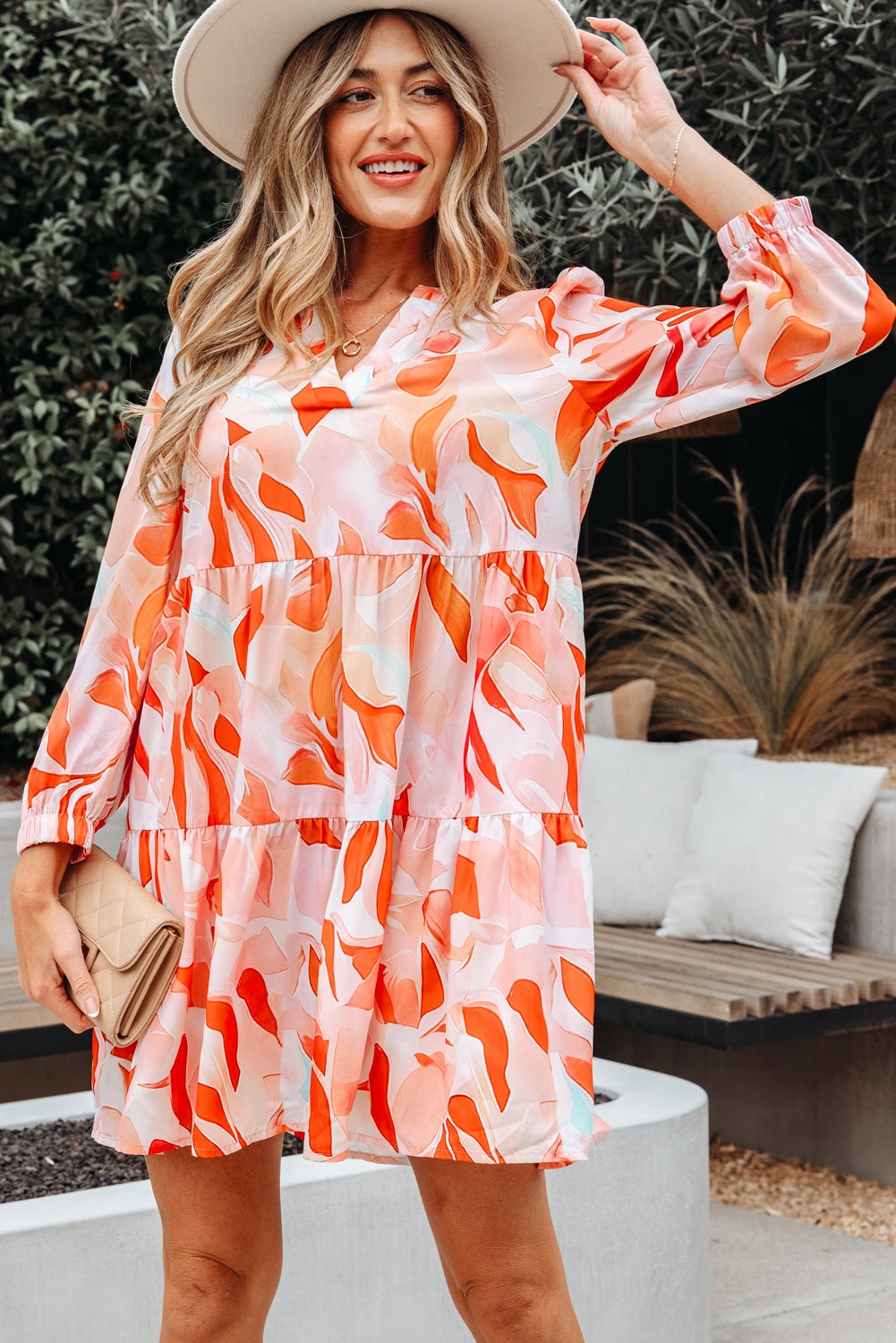 Orange Abstract Print Split Neck Long Sleeve Dress-TOPS / DRESSES-[Adult]-[Female]-2022 Online Blue Zone Planet