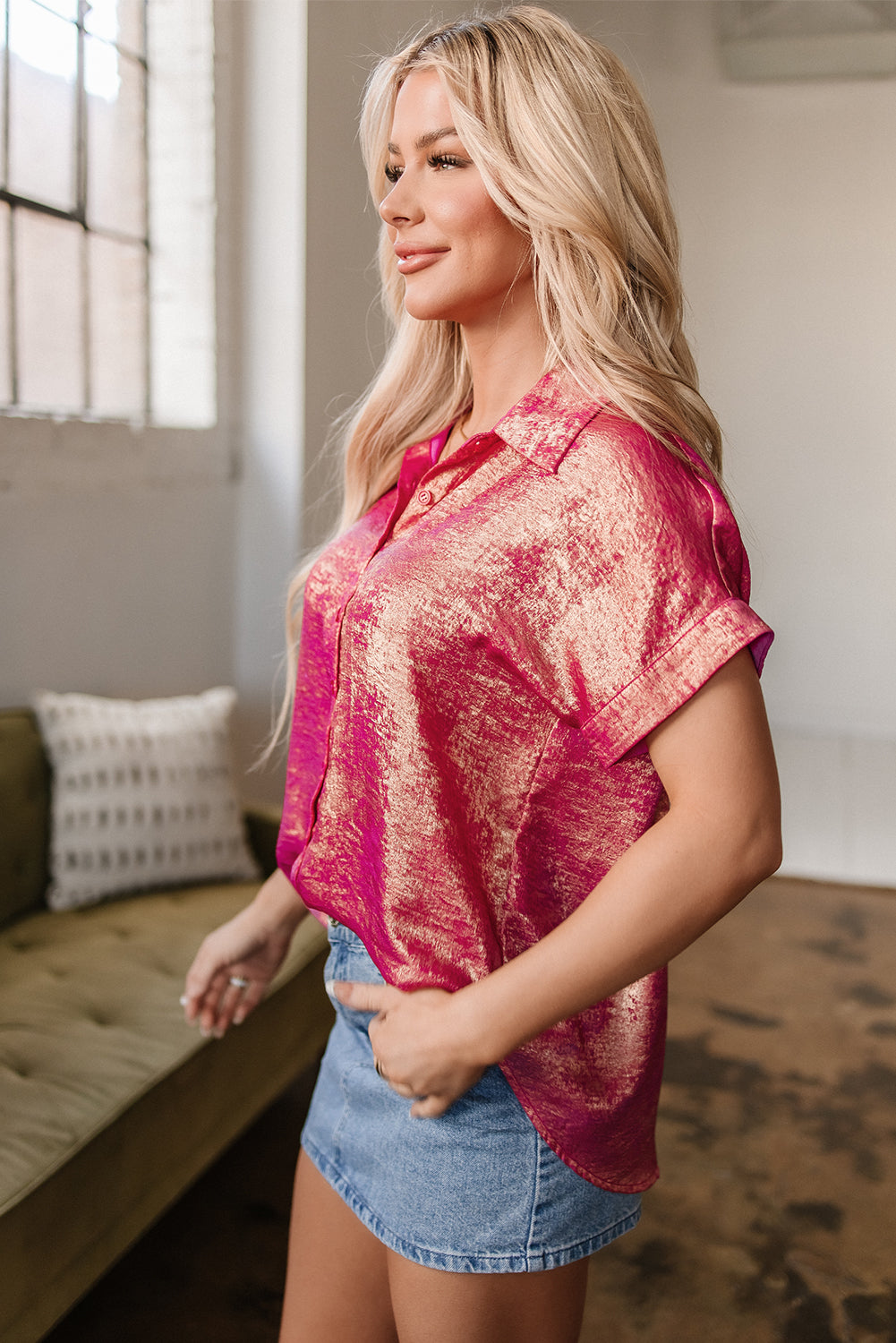 Rose Red Metallic Sheen Short Sleeve Buttoned Front Casual Shirt-Tops/Blouses & Shirts-[Adult]-[Female]-2022 Online Blue Zone Planet