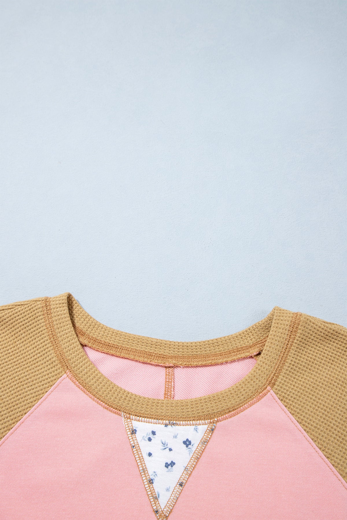 Apricot Pink Color Block Floral Waffle Mixed Patchwork Long Sleeve Top-Tops/Long Sleeve Tops-[Adult]-[Female]-2022 Online Blue Zone Planet