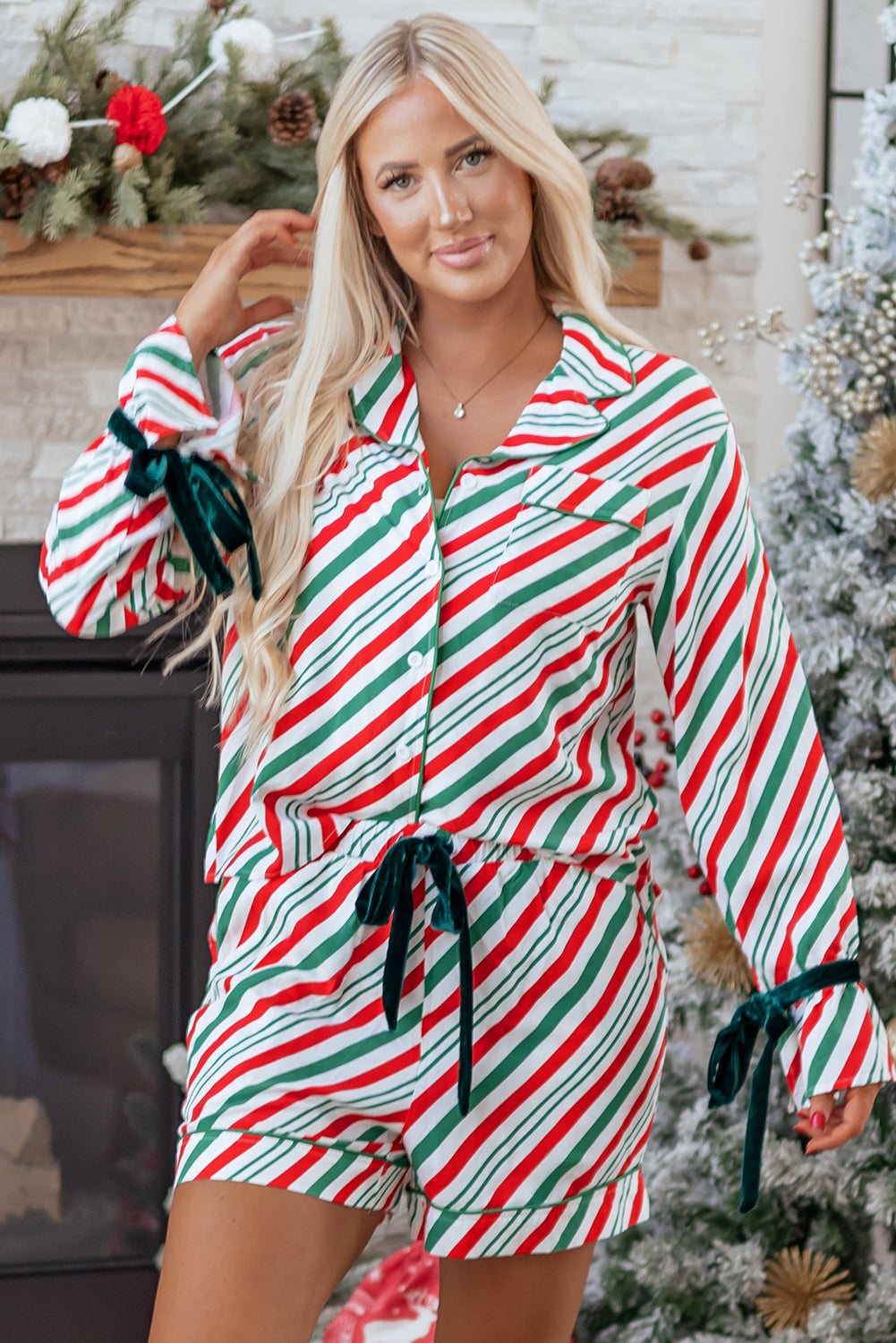 Green Stripe Contrast Velvet Ribbon Knot Christmas 2pcs Pajama Set-Loungewear & Sleepwear/Sleepwear-[Adult]-[Female]-2022 Online Blue Zone Planet