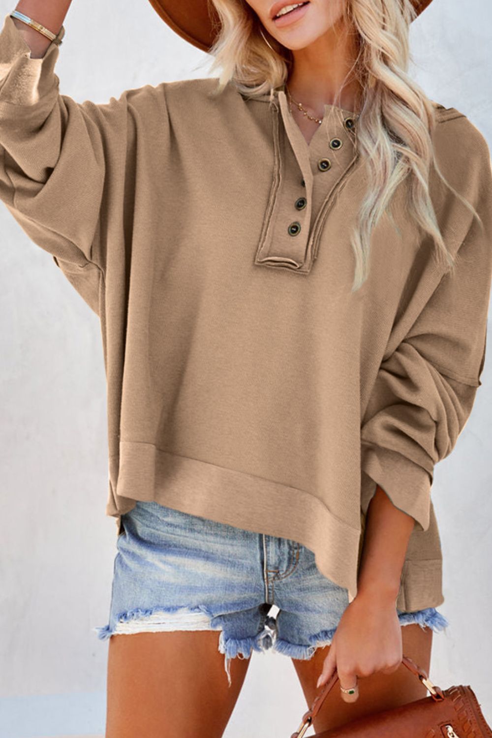 Exposed Seam Long Sleeve Hoodie-TOPS / DRESSES-[Adult]-[Female]-Khaki-S-2022 Online Blue Zone Planet