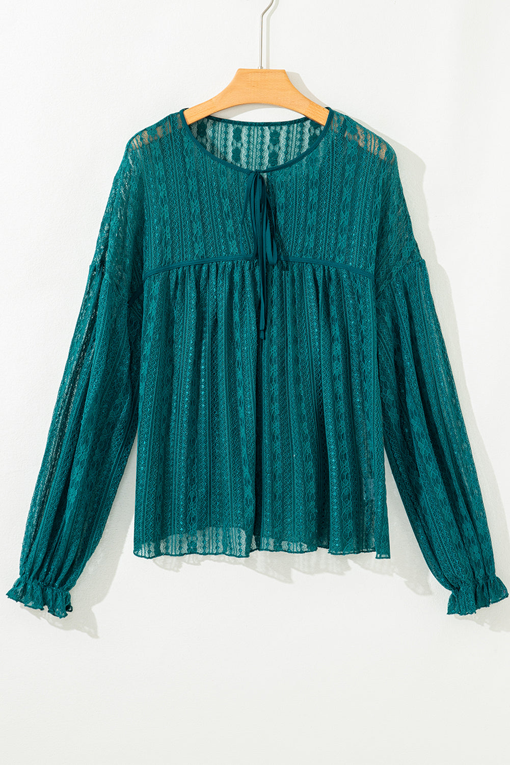 Evergreen Sheer Lace Balloon Sleeve Babydoll Blouse-Tops/Blouses & Shirts-[Adult]-[Female]-2022 Online Blue Zone Planet
