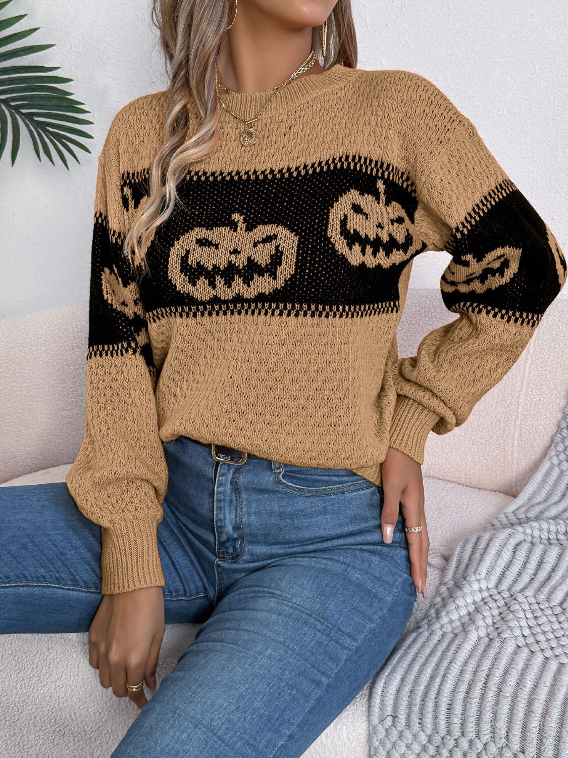 Pumpkin Round Neck Long Sleeve Sweater-TOPS / DRESSES-[Adult]-[Female]-2022 Online Blue Zone Planet