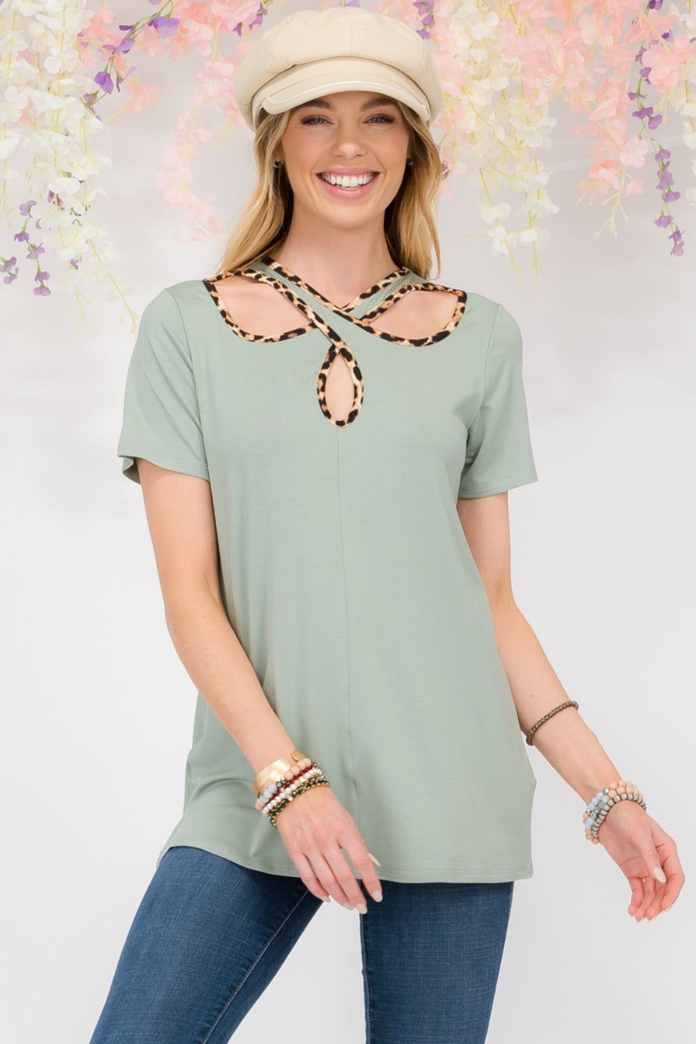 Celeste Full Size Crisscross Cutout Leopard Contrast Trim T-Shirt-TOPS / DRESSES-[Adult]-[Female]-2022 Online Blue Zone Planet