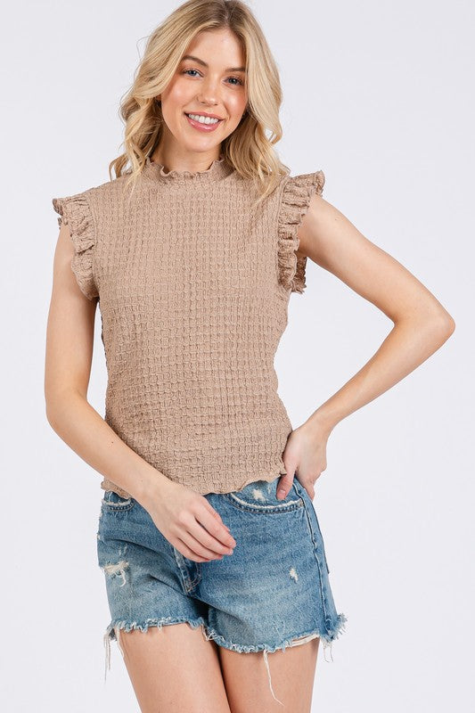 Ces Femme Texture Mock Neck Ruffle Cap Sleeve Blouse-TOPS / DRESSES-[Adult]-[Female]-Camel-S-2022 Online Blue Zone Planet