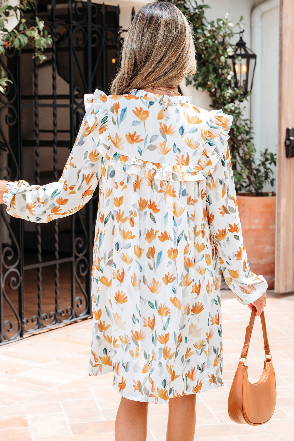 Yellow Floral Print Tie Neck Frilled Detail Long Sleeve Mini Dress-TOPS / DRESSES-[Adult]-[Female]-2022 Online Blue Zone Planet