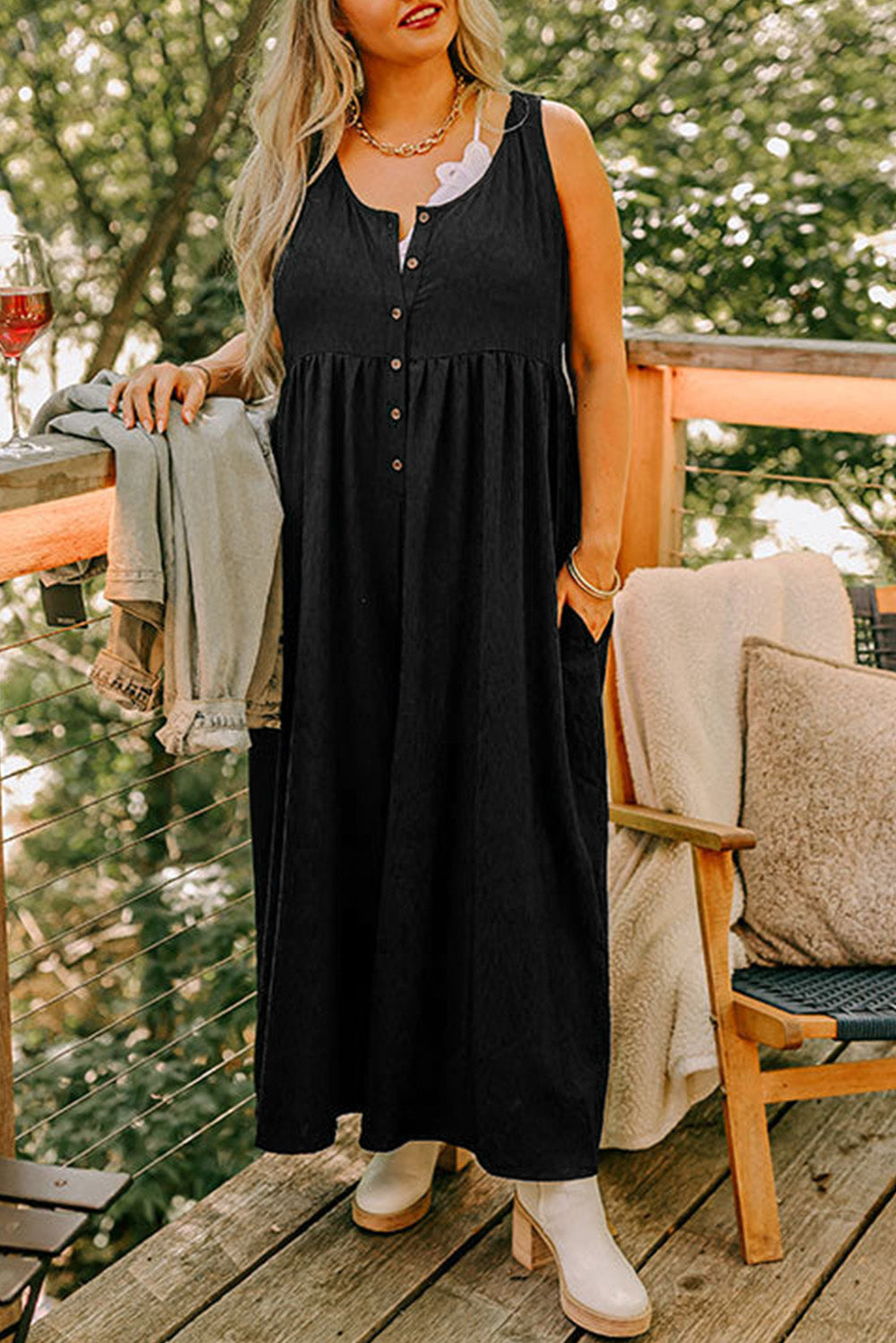 Black Plus Size Sleeveless Button Front Loose Jumpsuit-Plus Size/Plus Size Bottoms-[Adult]-[Female]-Black-1X-2022 Online Blue Zone Planet