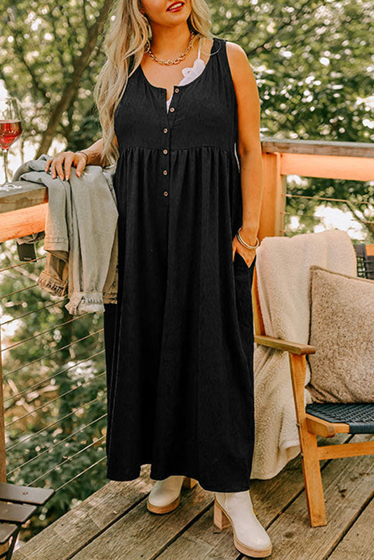 Black Plus Size Sleeveless Button Front Loose Jumpsuit-Plus Size/Plus Size Bottoms-[Adult]-[Female]-Black-1X-2022 Online Blue Zone Planet