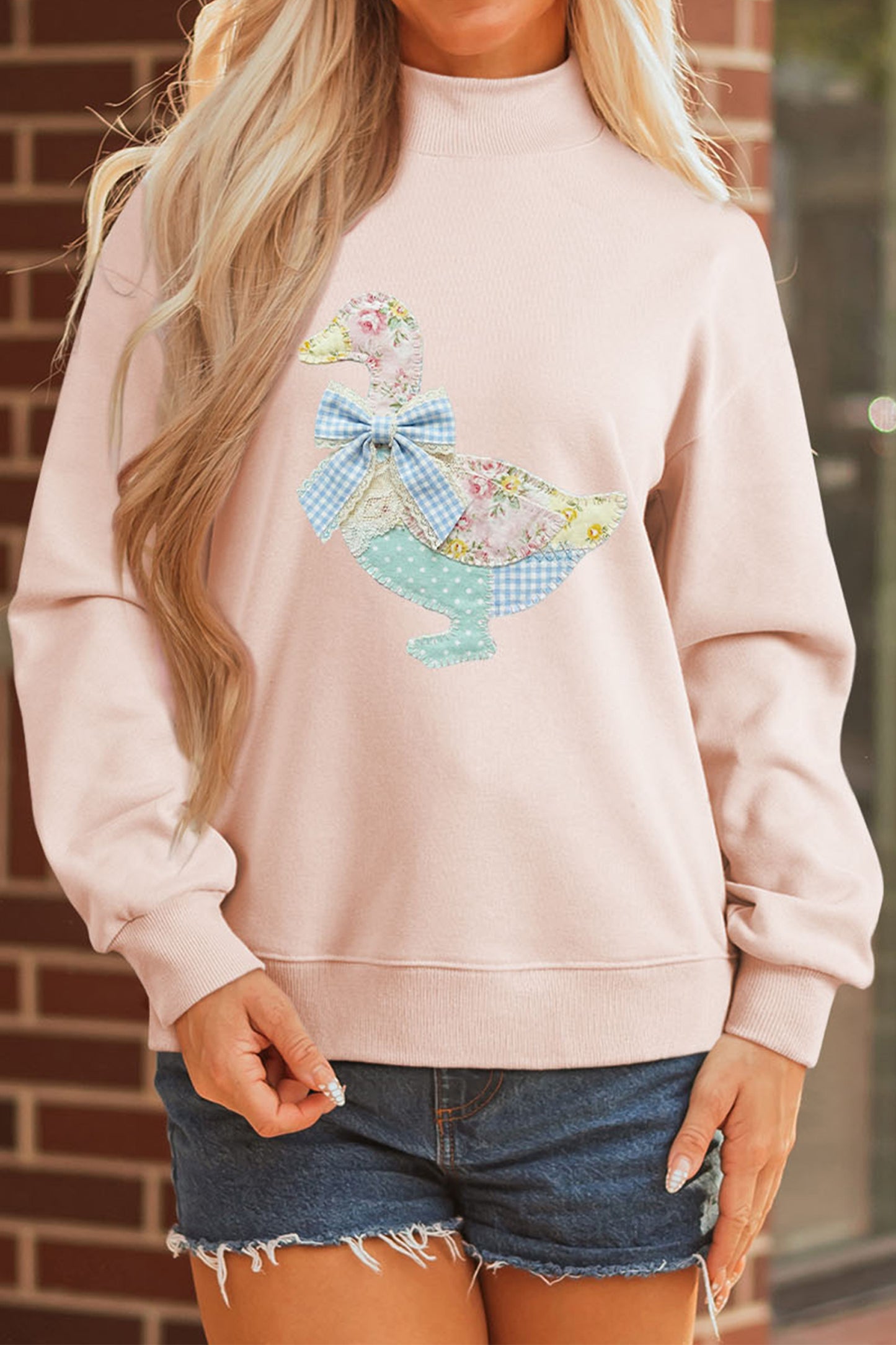 Apricot Pink Bow Knot Duck Faux Patchwork Printed Mock Neck Sweatshirt-Graphic/Graphic Sweatshirts-[Adult]-[Female]-2022 Online Blue Zone Planet