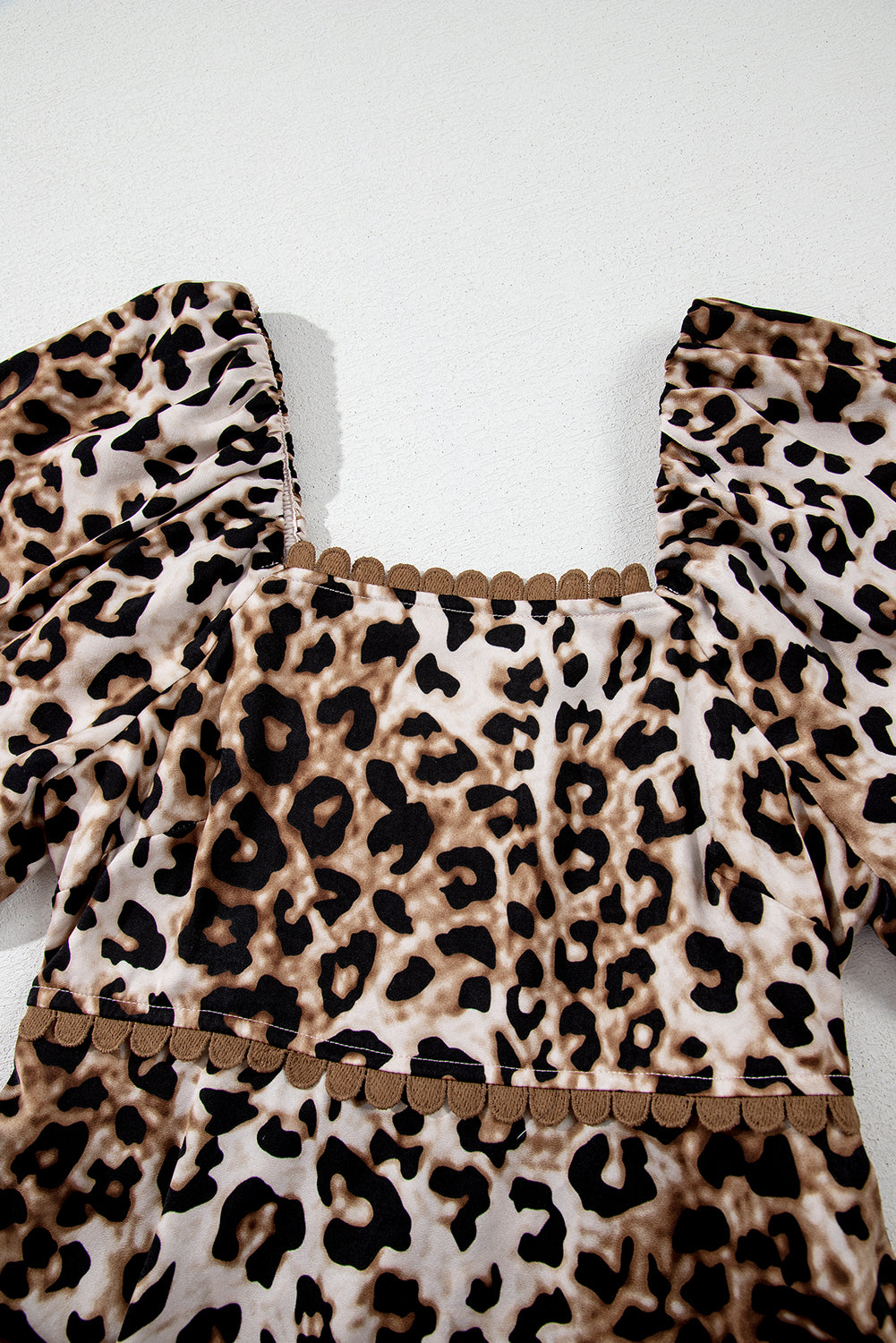 Brown Leopard Print Puff Sleeve Ricrac Maxi Dress-Maxi Dresses-[Adult]-[Female]-2022 Online Blue Zone Planet