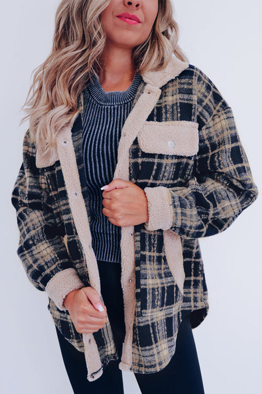 Multicolor Plaid Contrast Sherpa Flap Pocket Snap Button Shacket-Outerwear/Plaid Shackets-[Adult]-[Female]-Multicolor-S-2022 Online Blue Zone Planet