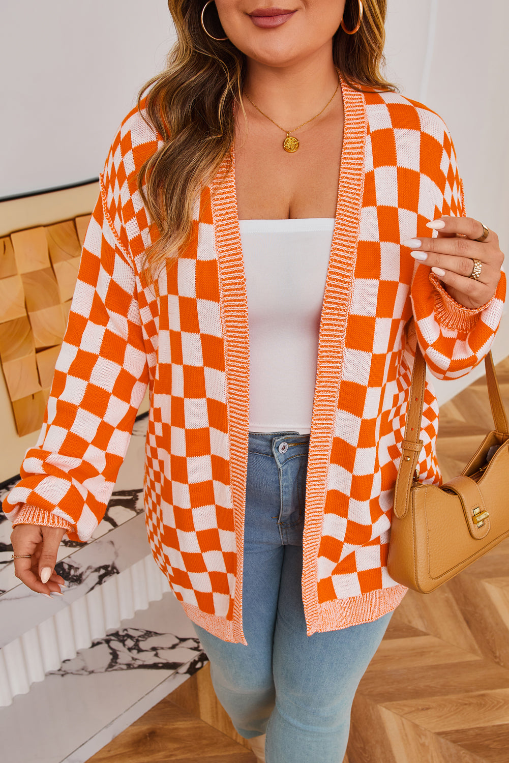 Orange Checkered Bubble Sleeve Drop Shoulder Open Cardigan-Plus Size/Plus Size Sweaters & Cardigans-[Adult]-[Female]-2022 Online Blue Zone Planet