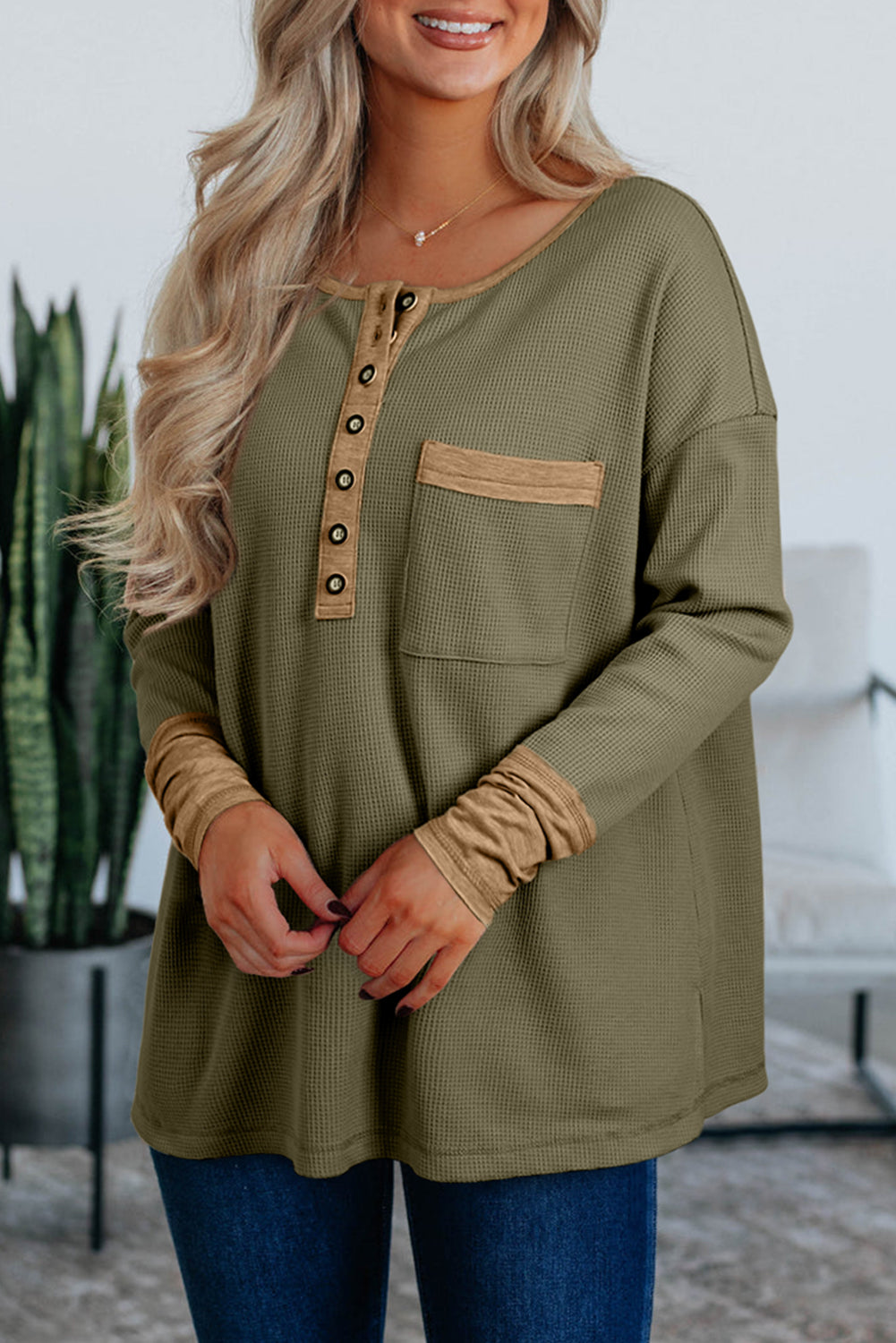 Vineyard Green Color Block Waffle Textured Tunic Henley Top With Slits-Tops/Long Sleeve Tops-[Adult]-[Female]-Vineyard Green-S-2022 Online Blue Zone Planet
