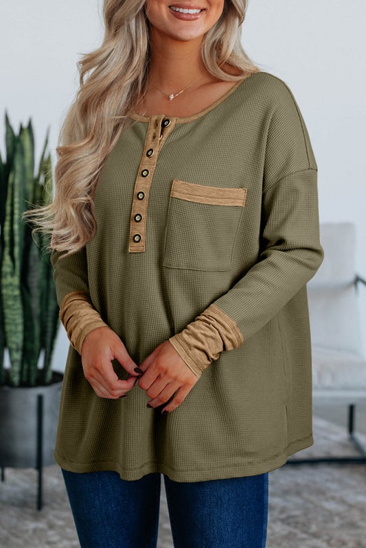 Vineyard Green Color Block Waffle Textured Tunic Henley Top With Slits-Tops/Long Sleeve Tops-[Adult]-[Female]-Vineyard Green-S-2022 Online Blue Zone Planet