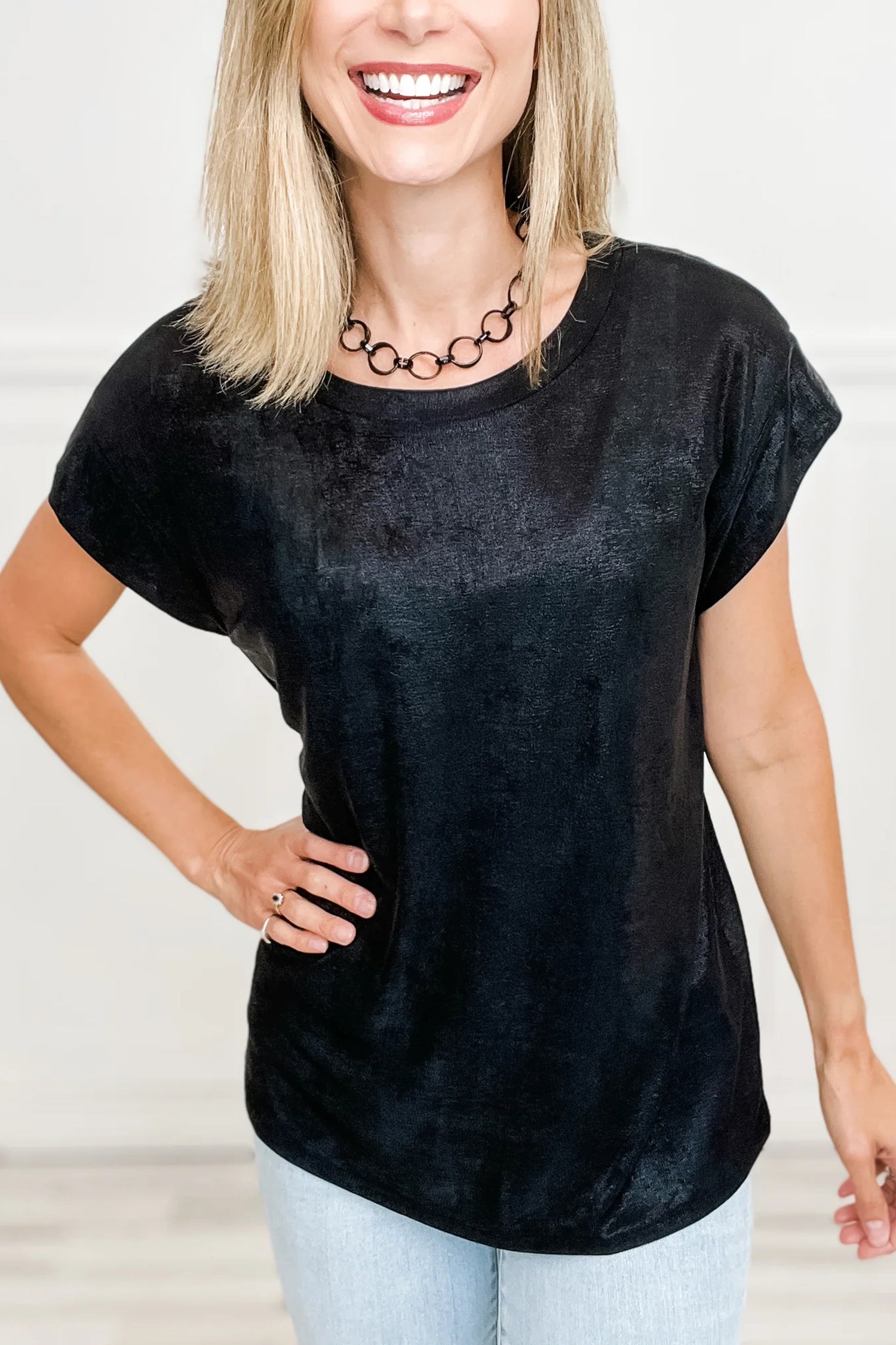 Black Metallic Round Neck Cap Sleeve Tee-Tops/Tops & Tees-[Adult]-[Female]-Black-S-2022 Online Blue Zone Planet
