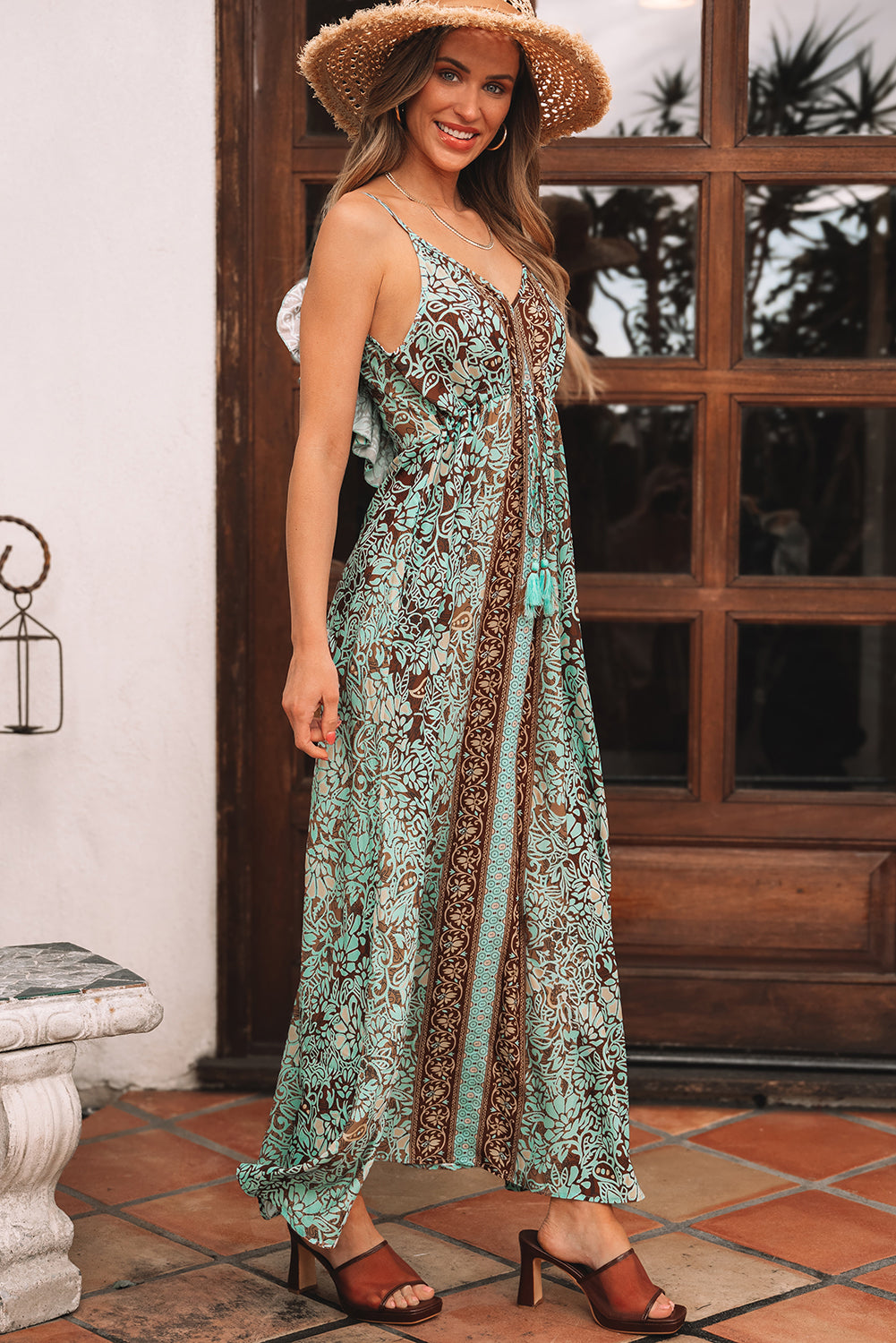 Green Floral Print V Neck Ruffled Trim Backless Tassel Waist Maxi Green / M / 100%Polyester by Blue Zone Planet Green Floral Print V Neck Ruffled Trim Backless Tassel Waist Maxi Green / M / 100%Polyester by Blue Zone Planet